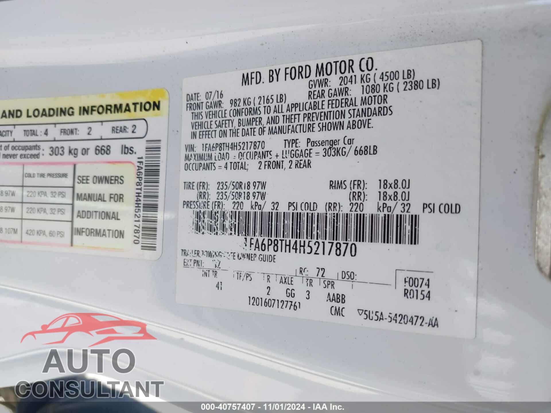 FORD MUSTANG 2017 - 1FA6P8TH4H5217870