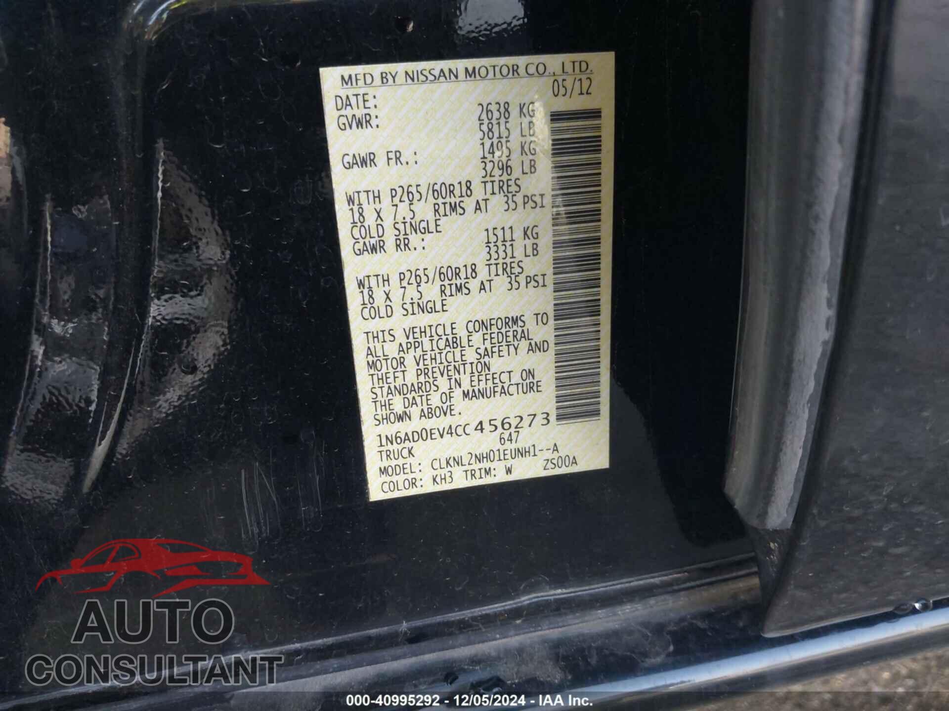 NISSAN FRONTIER 2012 - 1N6AD0EV4CC456273