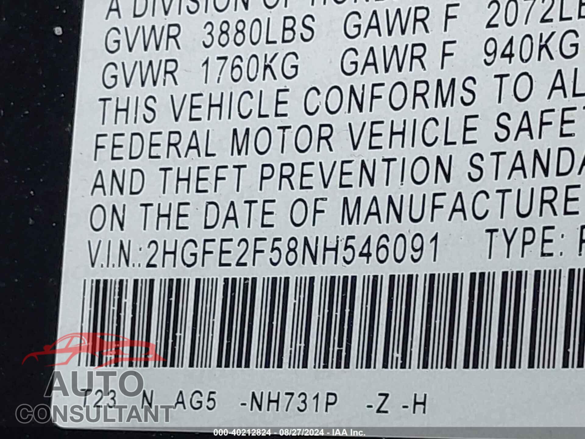 HONDA CIVIC 2022 - 2HGFE2F58NH546091