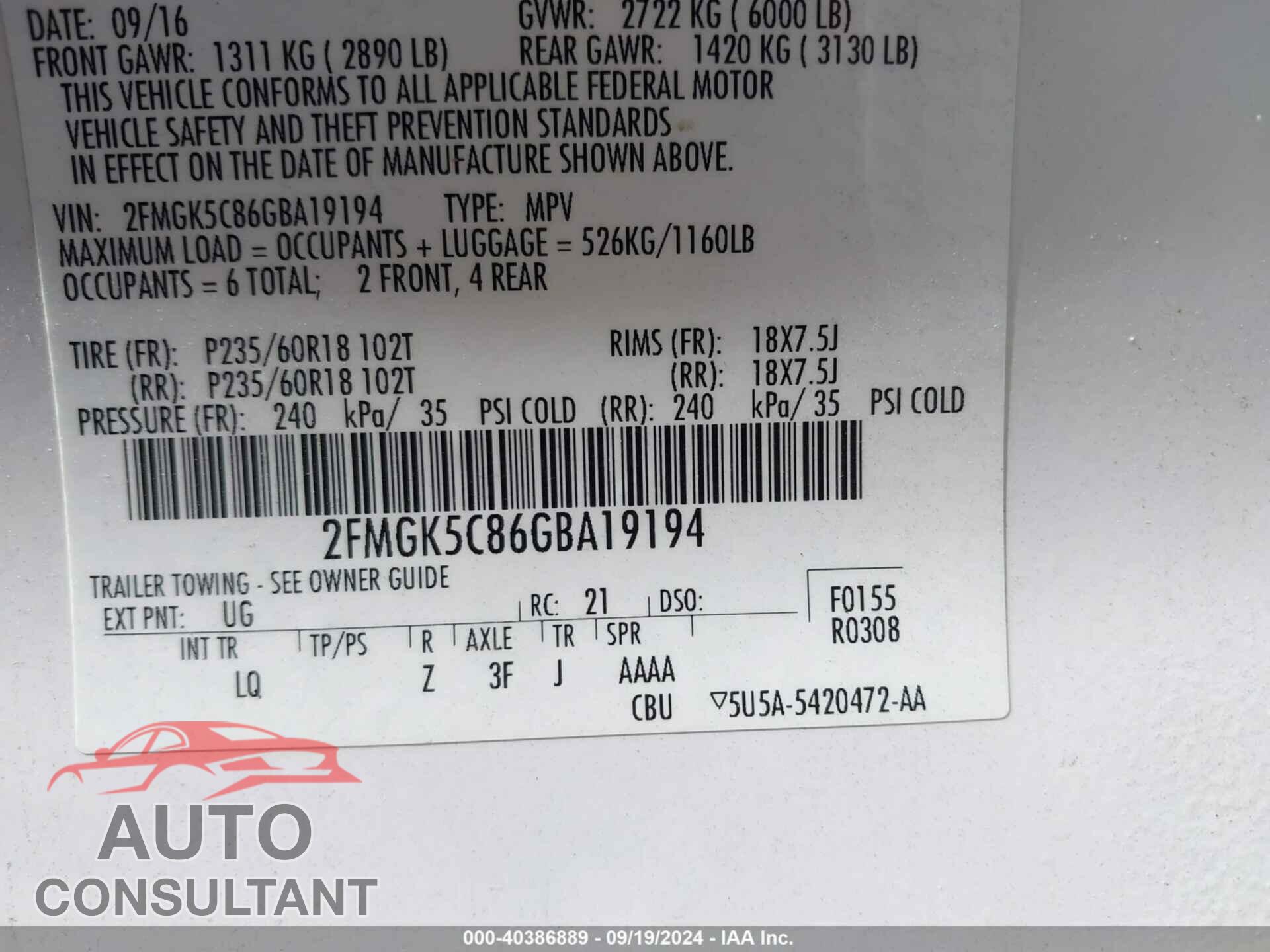 FORD FLEX 2016 - 2FMGK5C86GBA19194