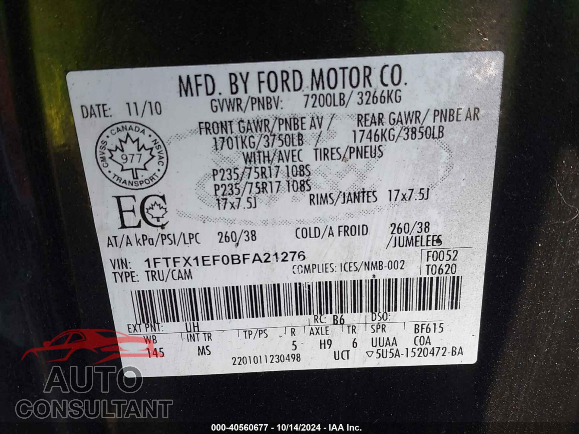 FORD F-150 2011 - 1FTFX1EF0BFA21276