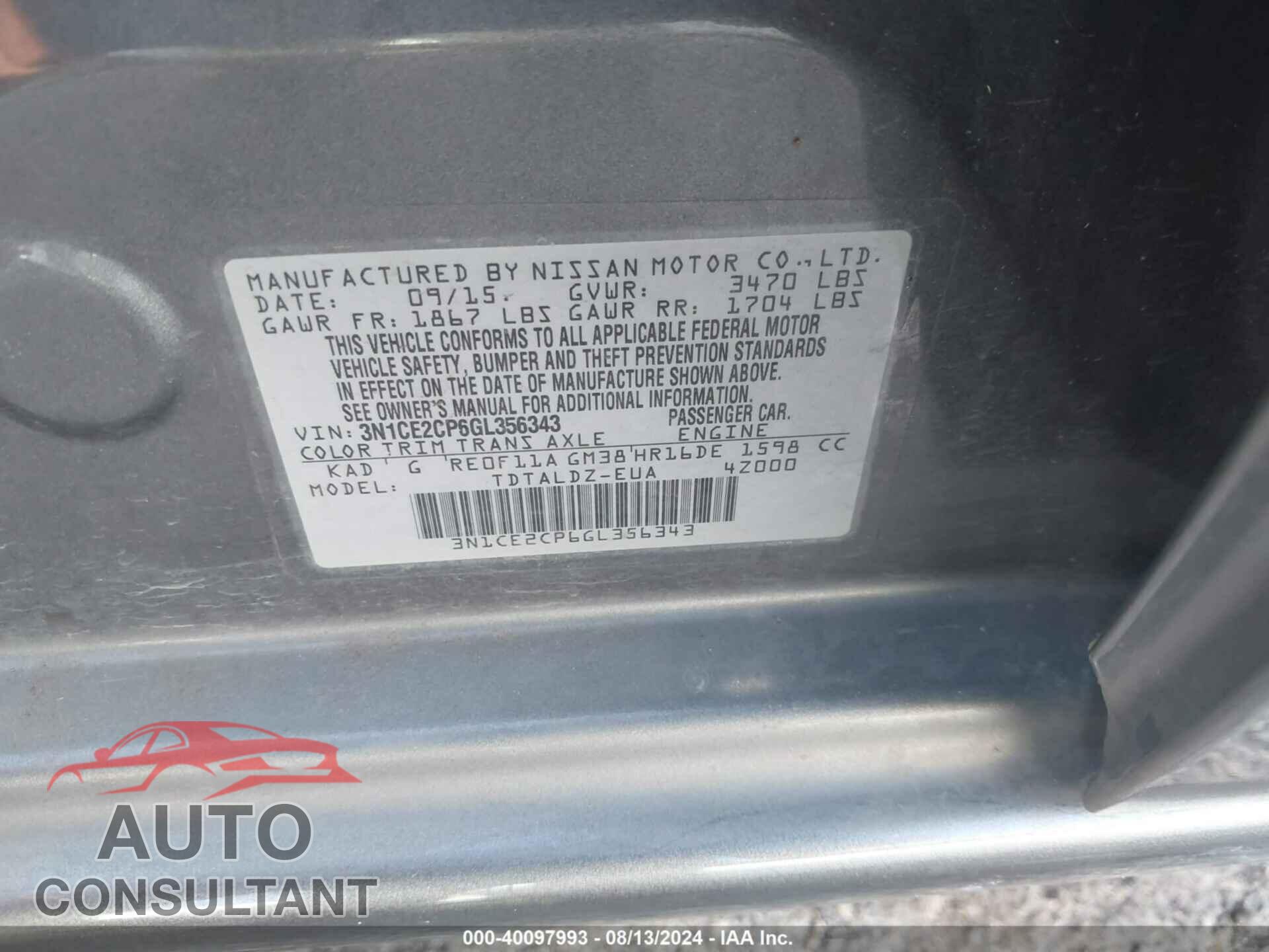 NISSAN VERSA NOTE 2016 - 3N1CE2CP6GL356343