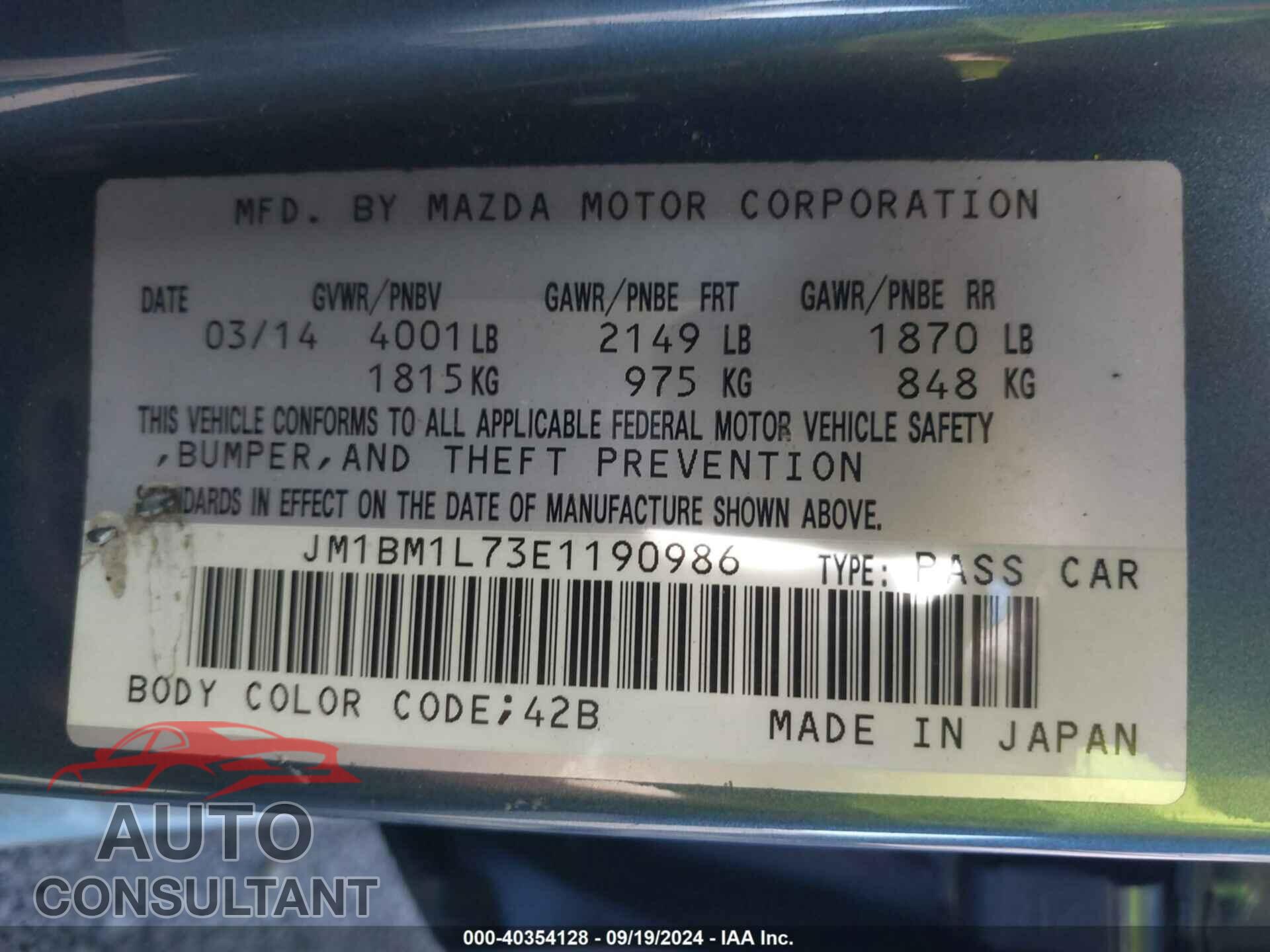 MAZDA MAZDA3 2014 - JM1BM1L73E1190986
