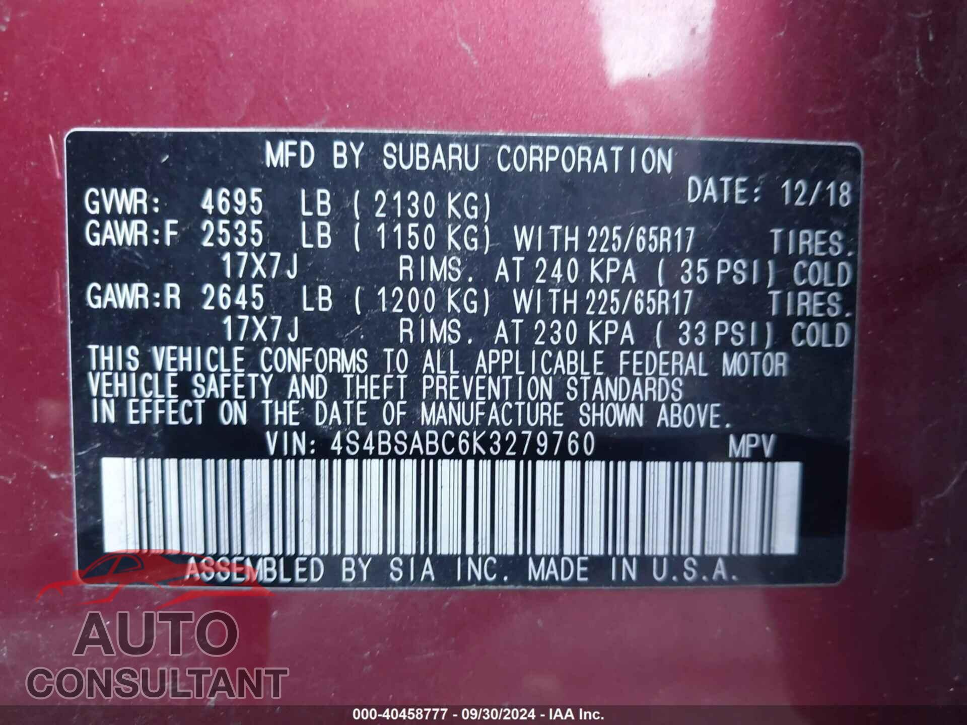 SUBARU OUTBACK 2019 - 4S4BSABC6K3279760