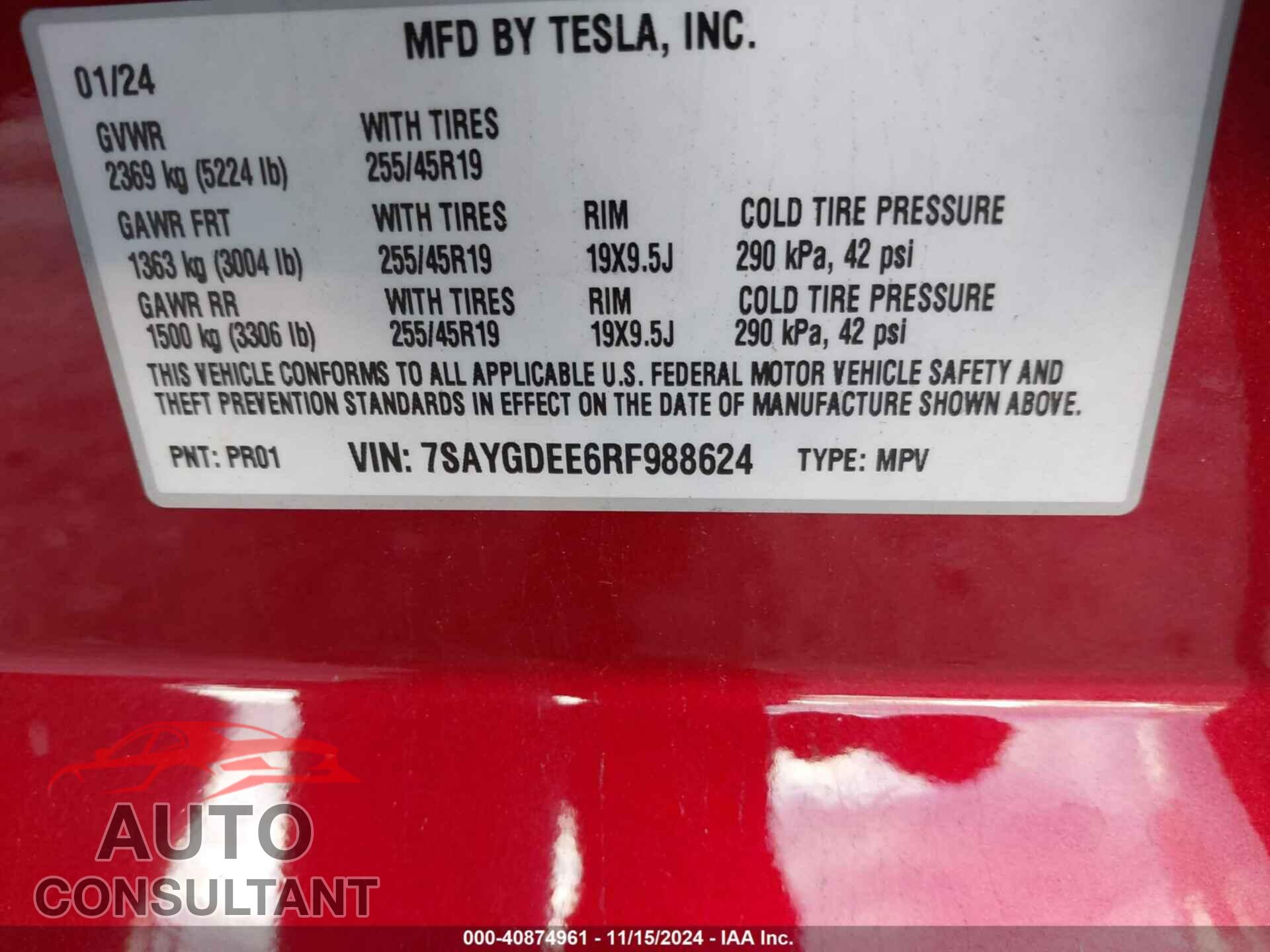 TESLA MODEL Y 2024 - 7SAYGDEE6RF988624