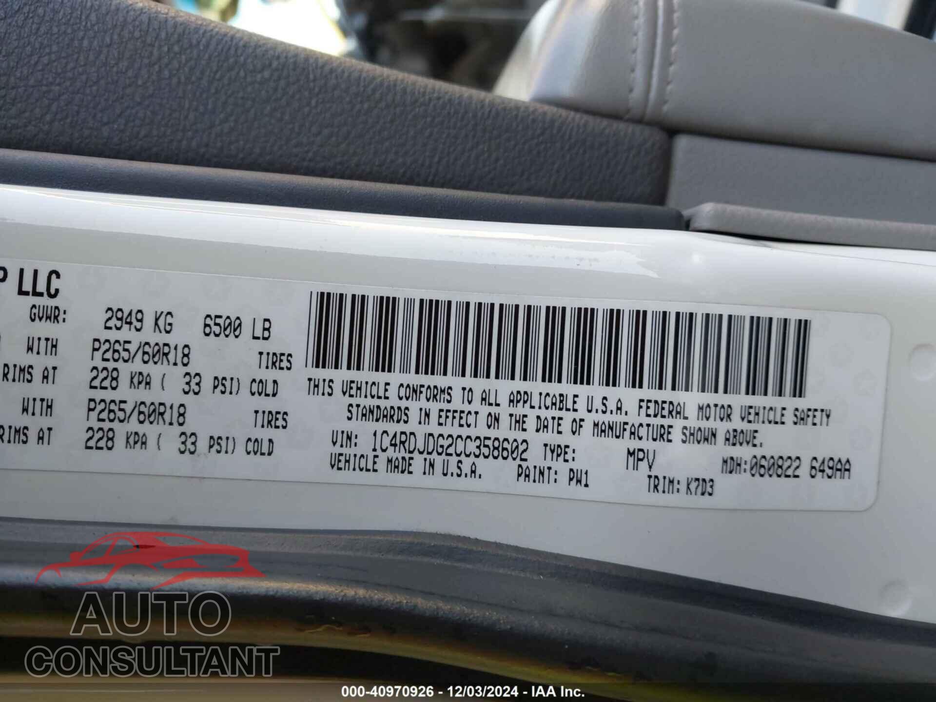 DODGE DURANGO 2012 - 1C4RDJDG2CC358602