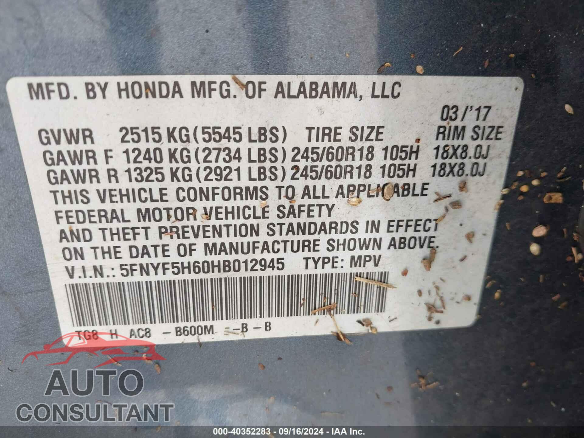HONDA PILOT 2017 - 5FNYF5H60HB012945