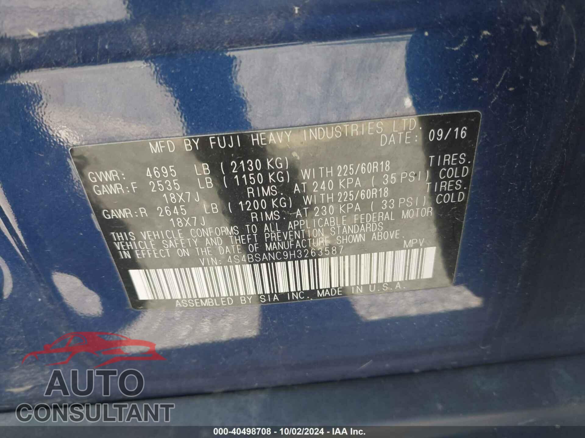 SUBARU OUTBACK 2017 - 4S4BSANC9H3263587