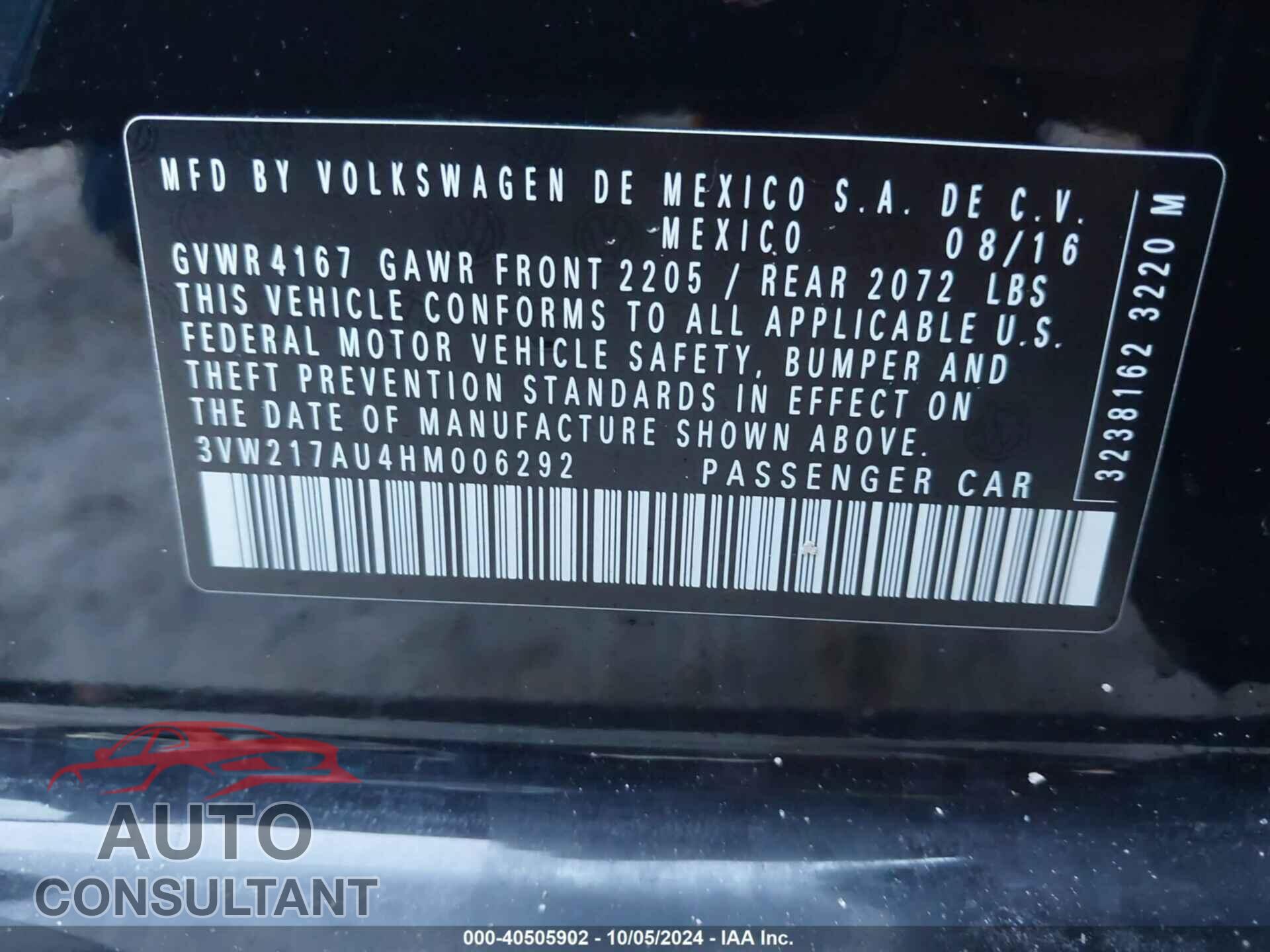 VOLKSWAGEN GOLF 2017 - 3VW217AU4HM006292