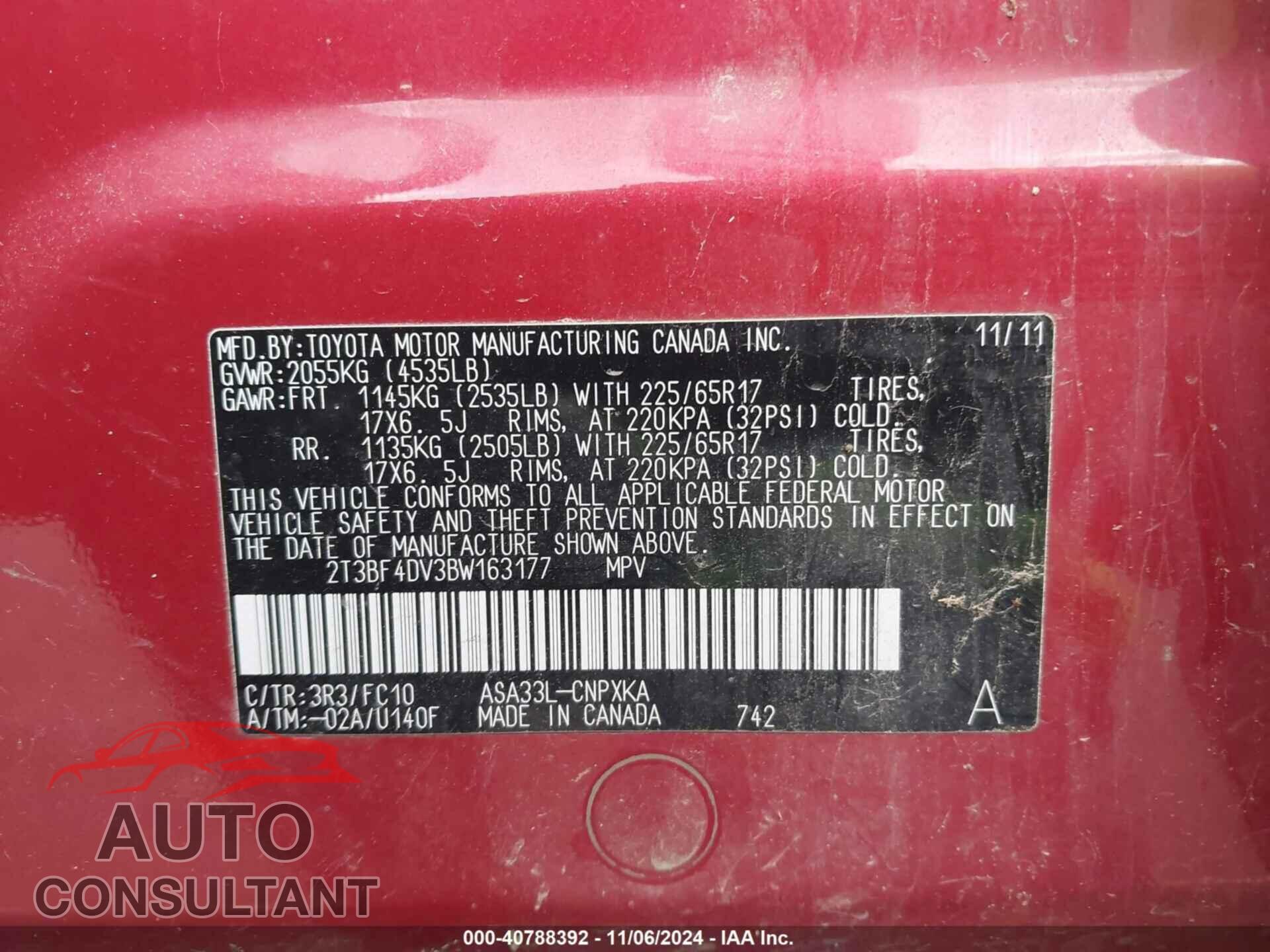 TOYOTA RAV4 2011 - 2T3BF4DV3BW163177