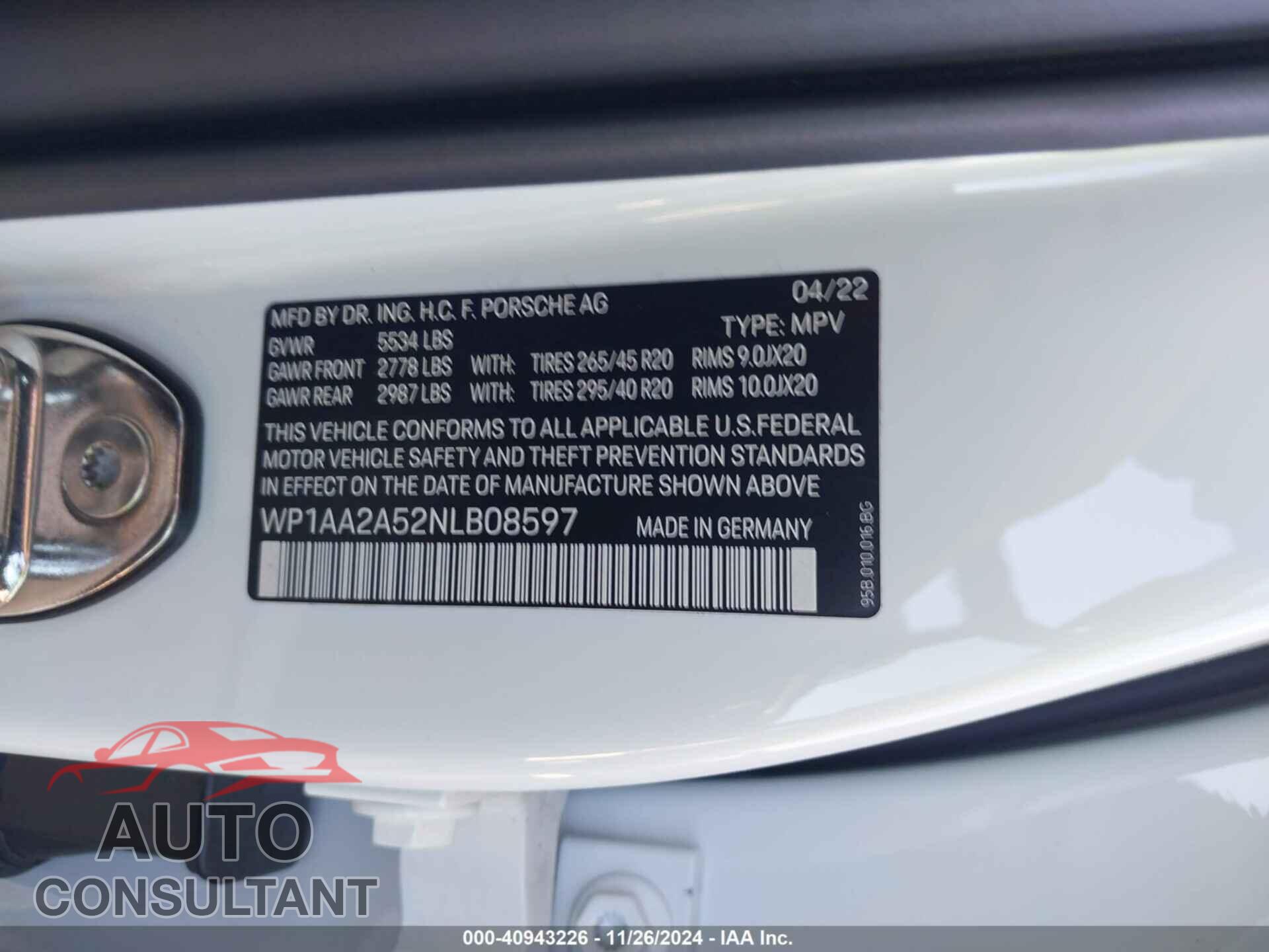 PORSCHE MACAN 2022 - WP1AA2A52NLB08597
