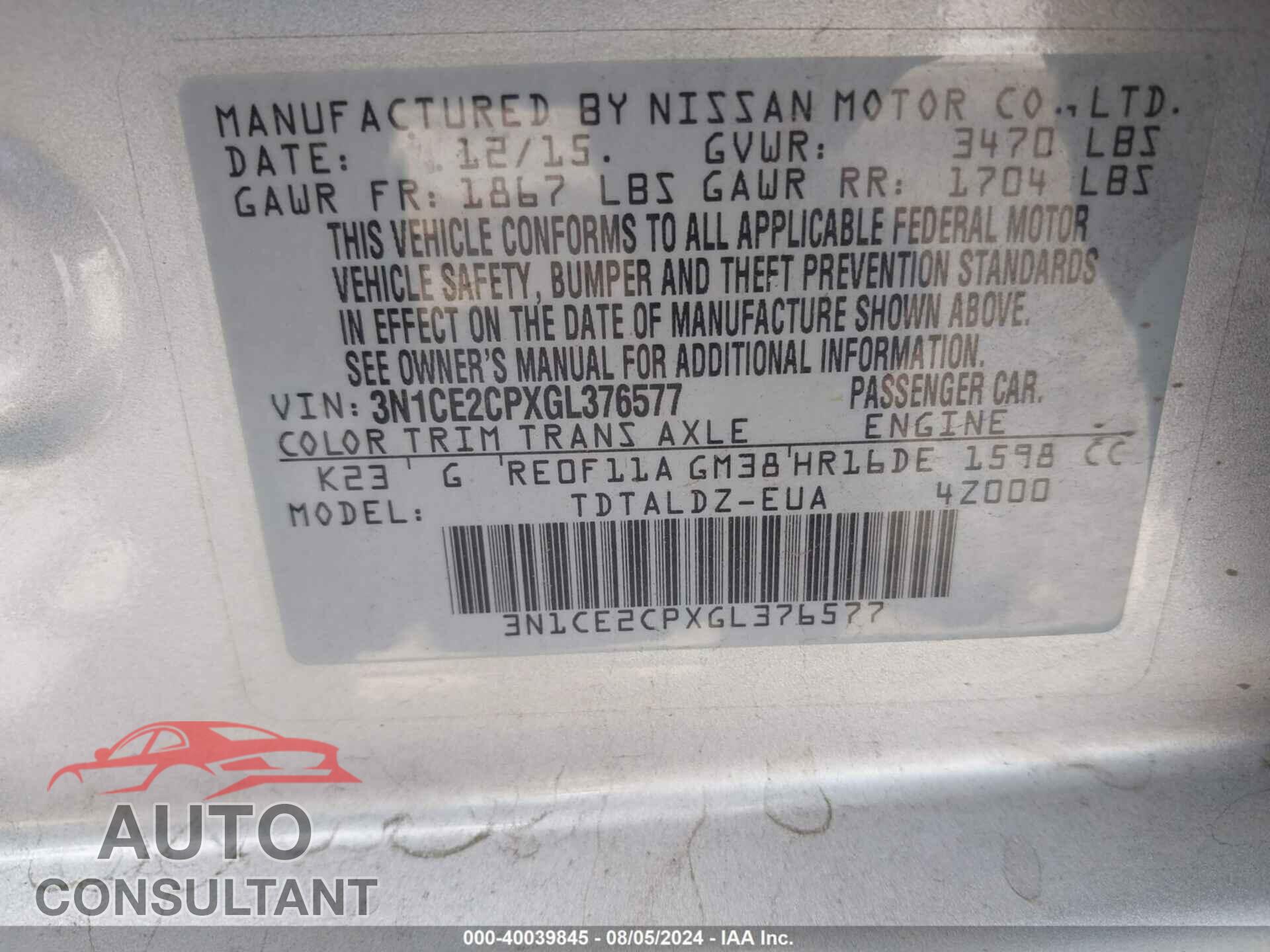 NISSAN VERSA NOTE 2016 - 3N1CE2CPXGL376577