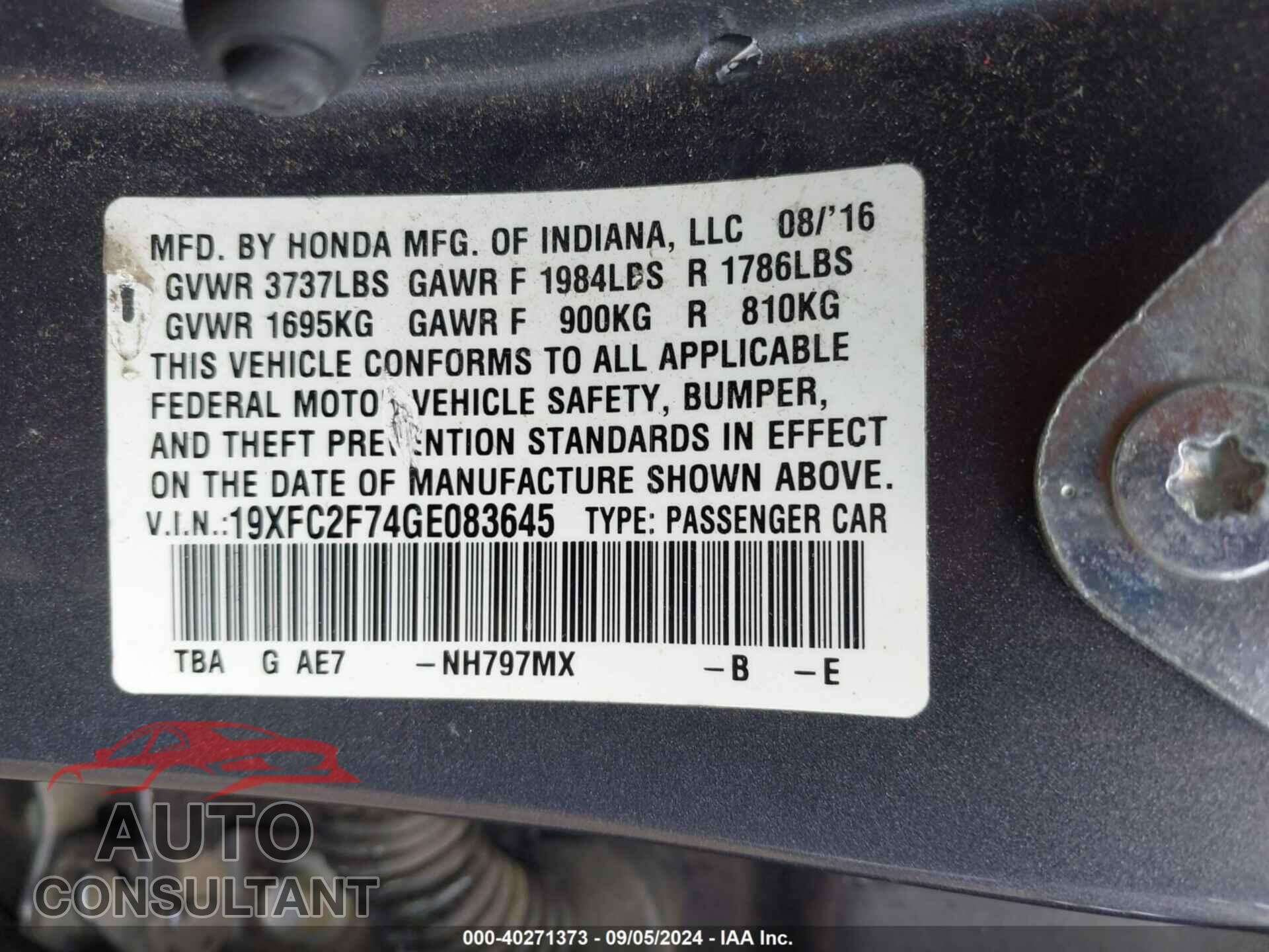 HONDA CIVIC 2016 - 19XFC2F74GE083645