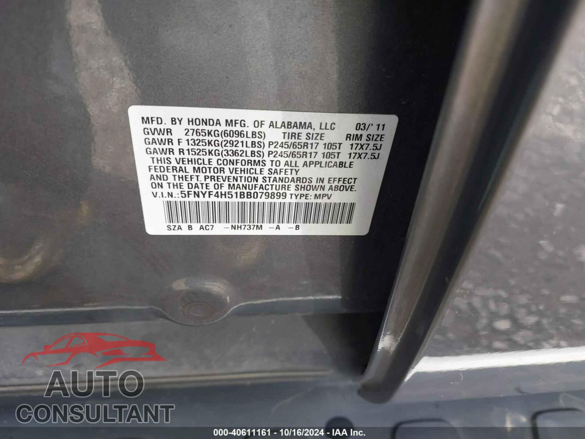HONDA PILOT 2011 - 5FNYF4H51BB079899