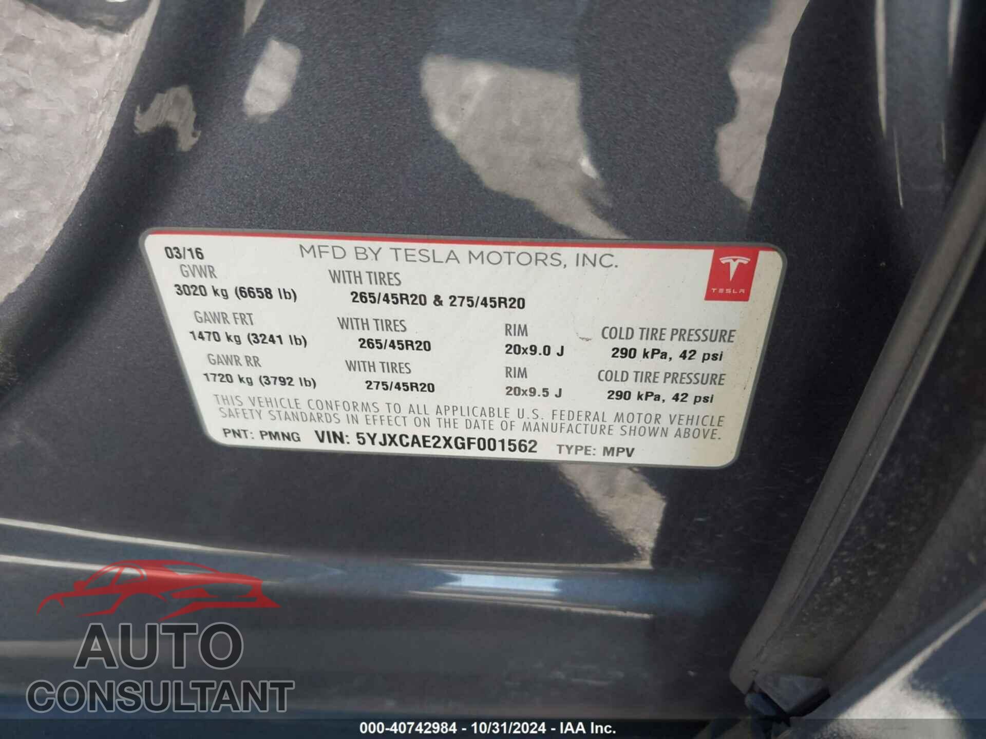 TESLA MODEL X 2016 - 5YJXCAE2XGF001562