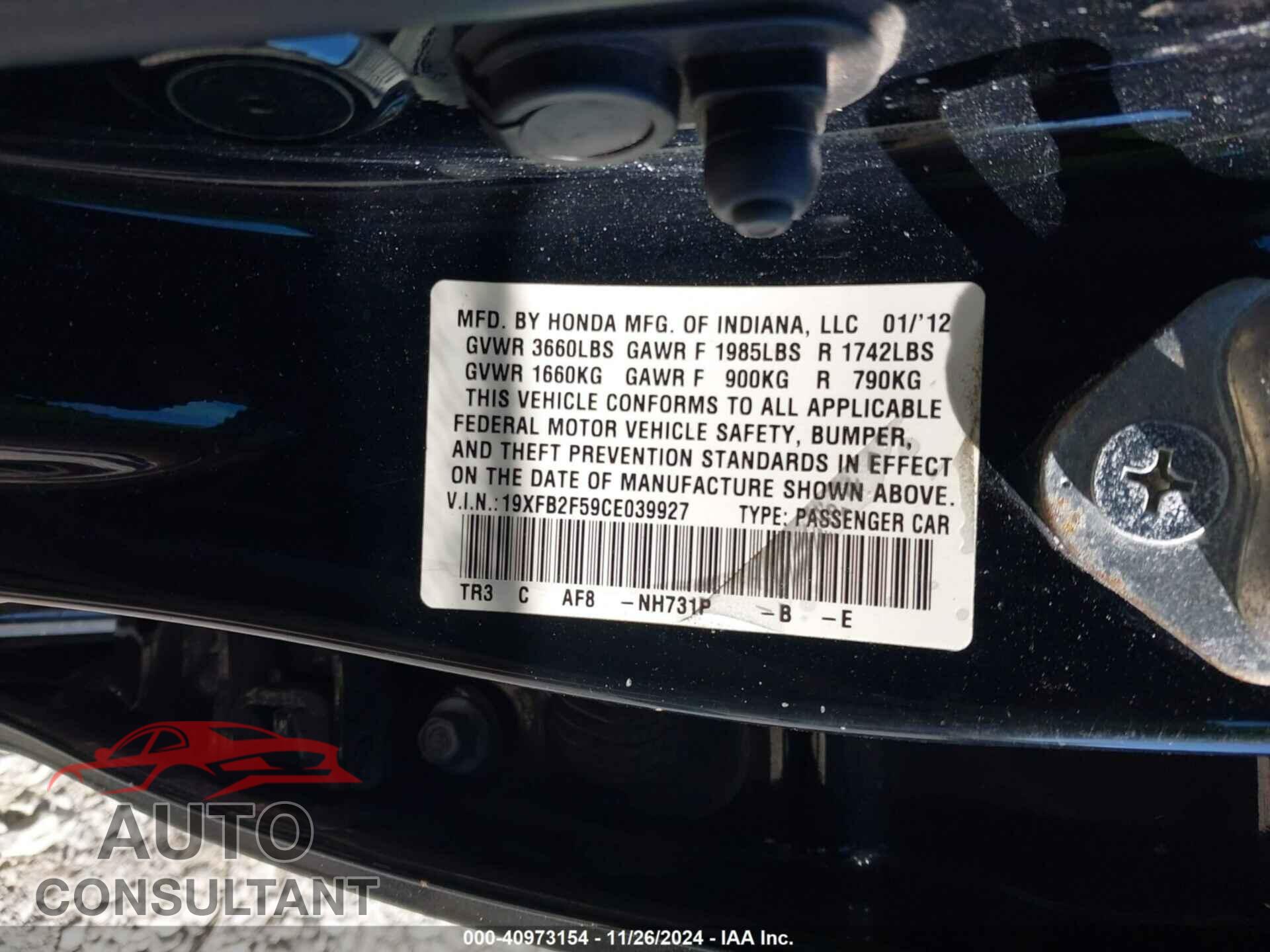HONDA CIVIC 2012 - 19XFB2F59CE039927