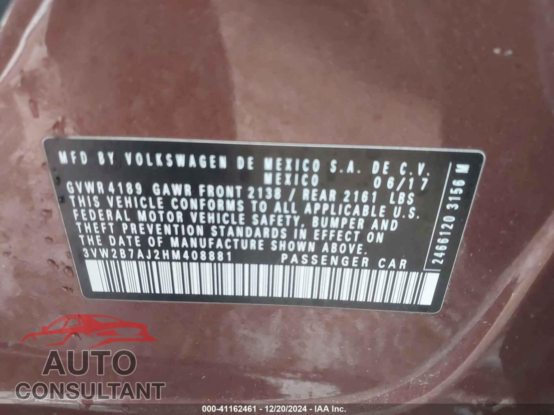 VOLKSWAGEN JETTA 2017 - 3VW2B7AJ2HM408881