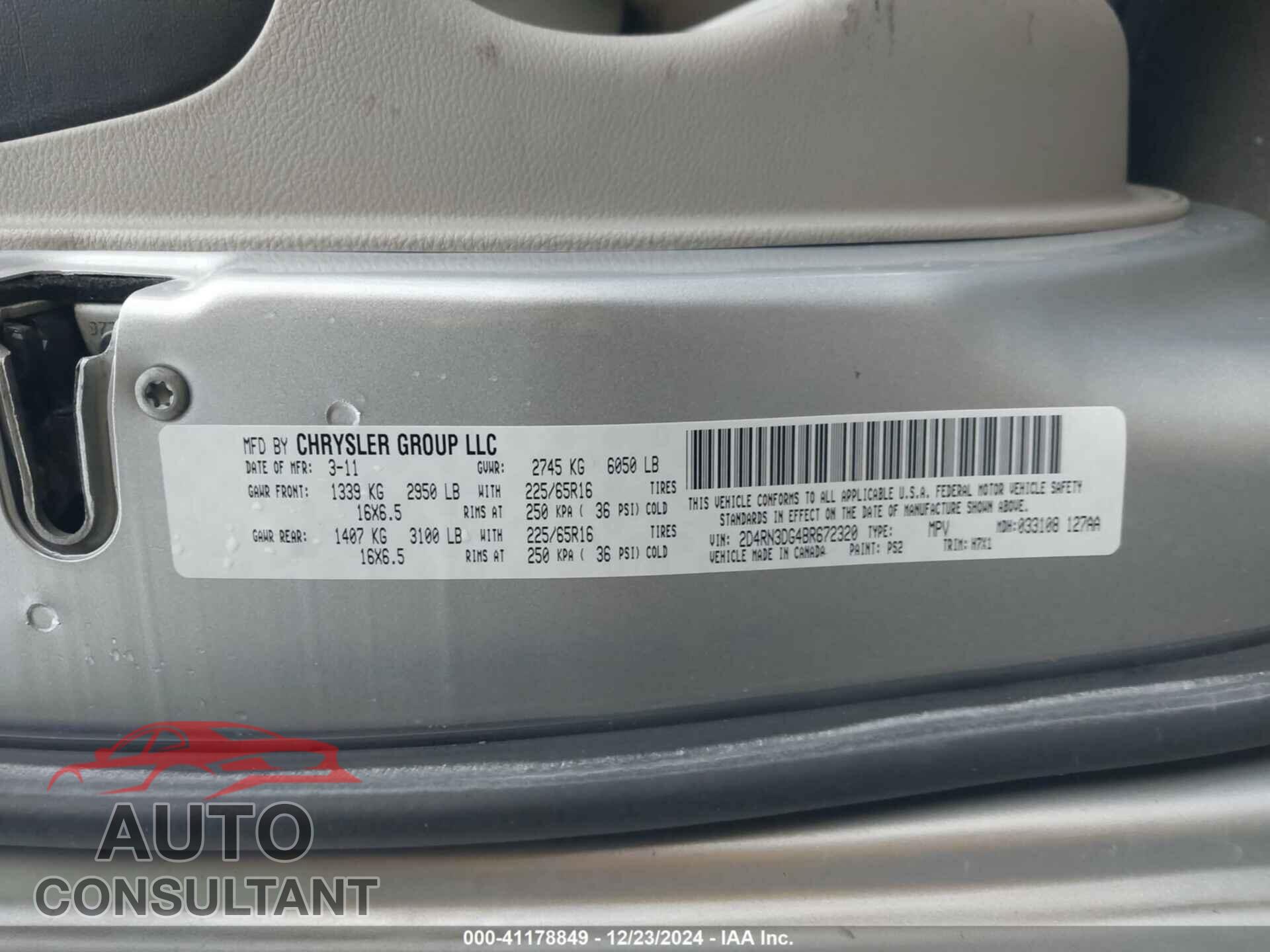 DODGE GRAND CARAVAN 2011 - 2D4RN3DG4BR672320