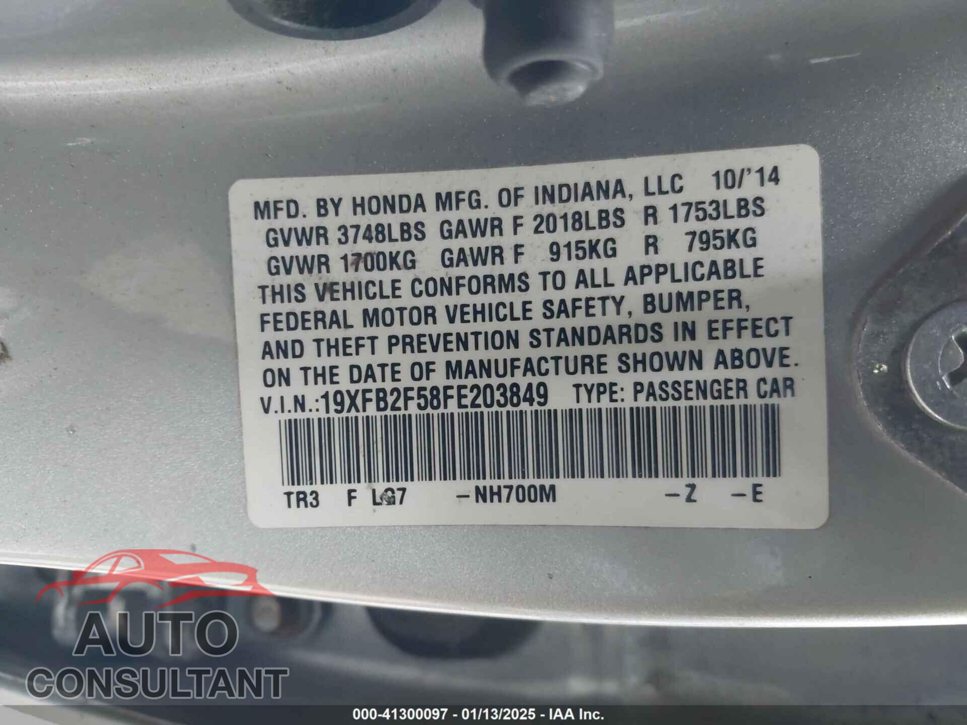 HONDA CIVIC 2015 - 19XFB2F58FE203849