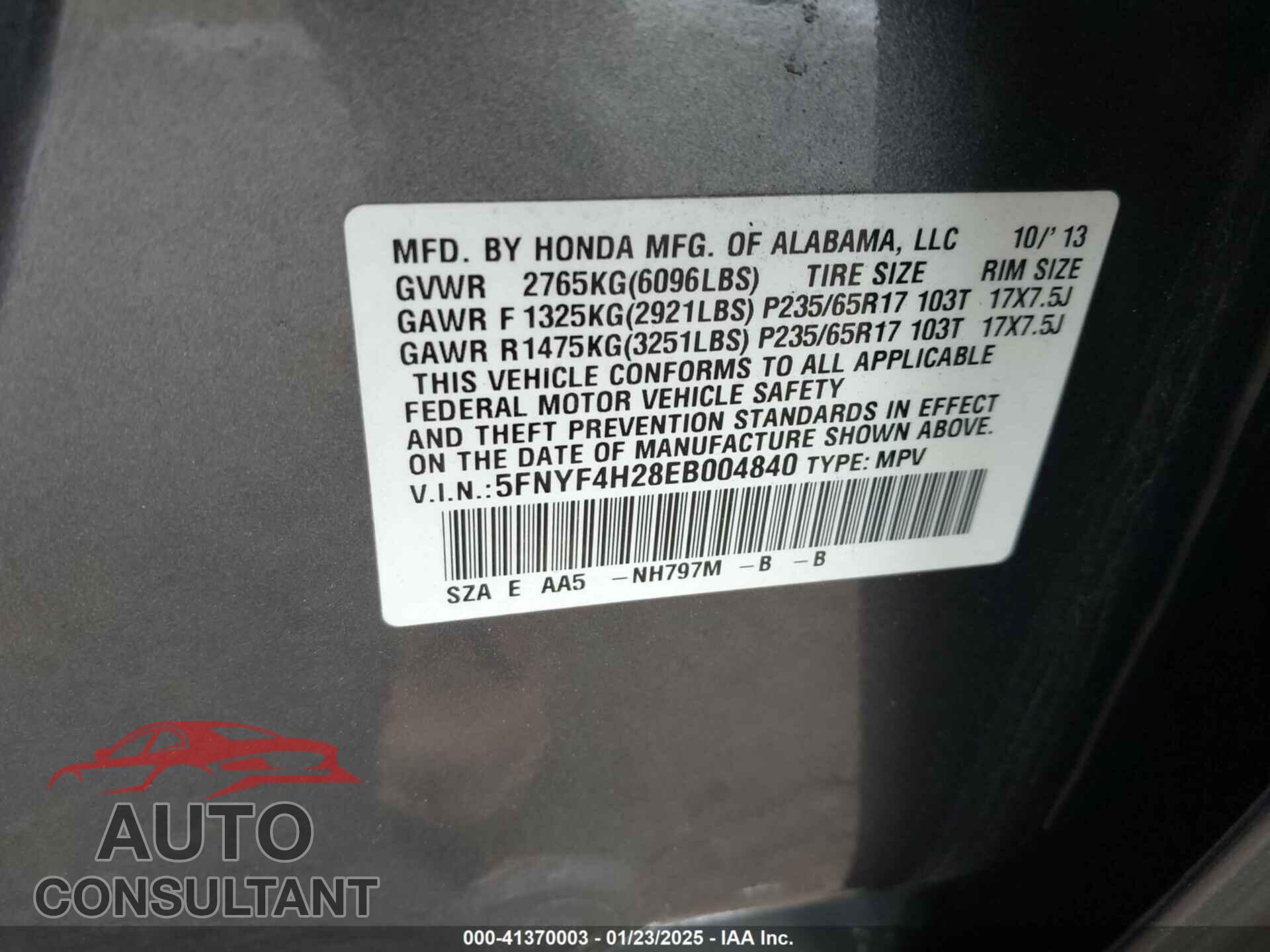 HONDA PILOT 2014 - 5FNYF4H28EB004840