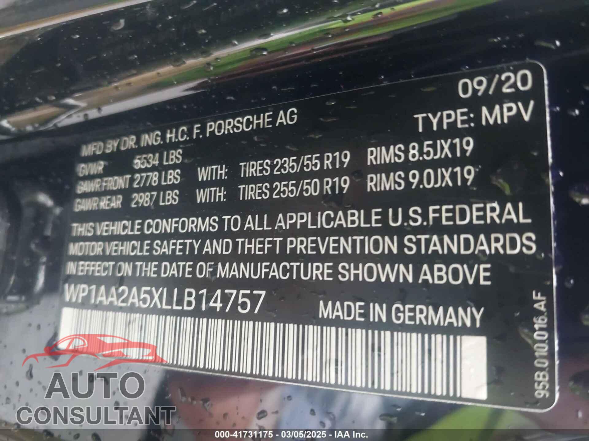PORSCHE MACAN 2020 - WP1AA2A5XLLB14757