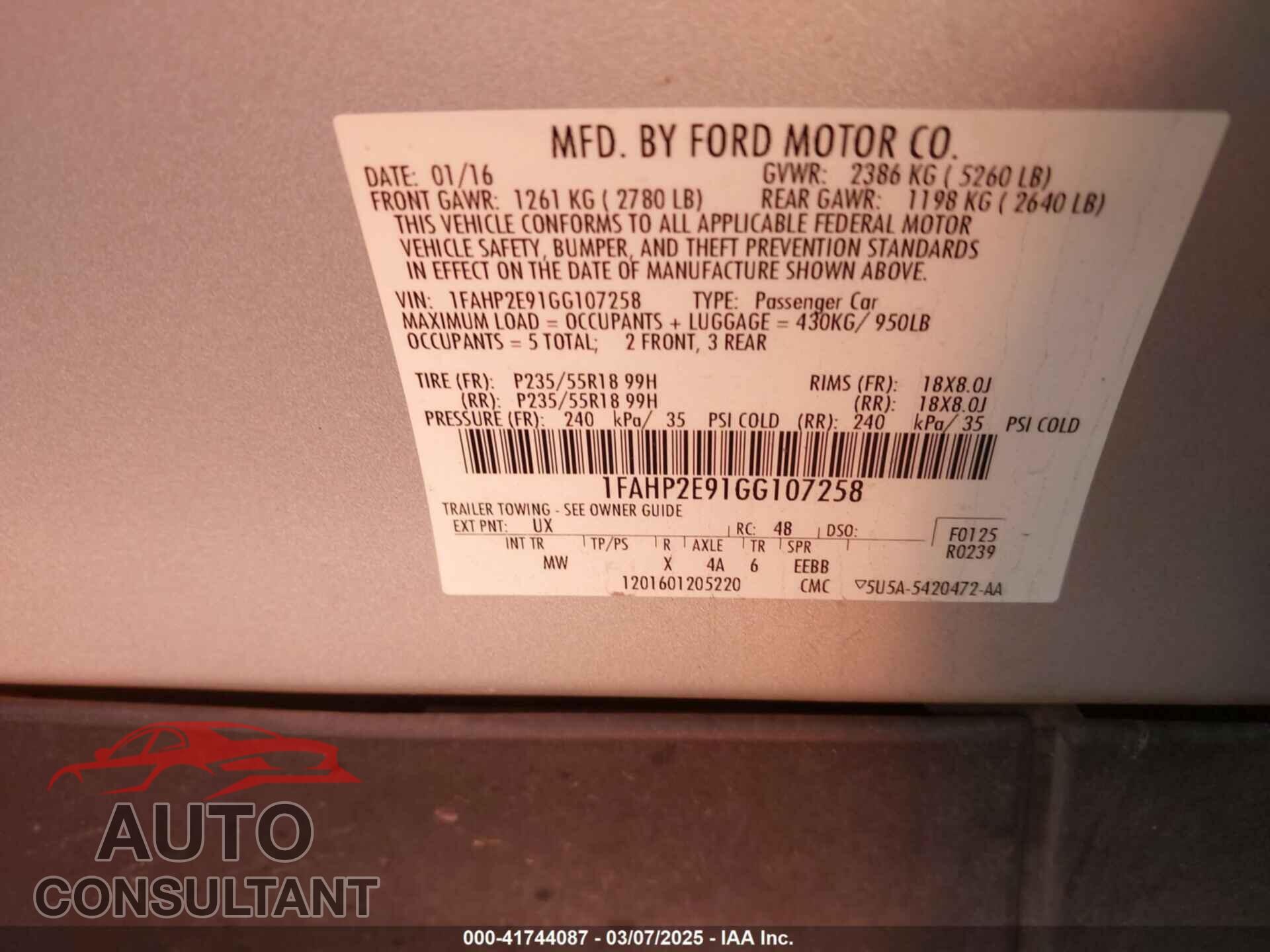 FORD TAURUS 2016 - 1FAHP2E91GG107258
