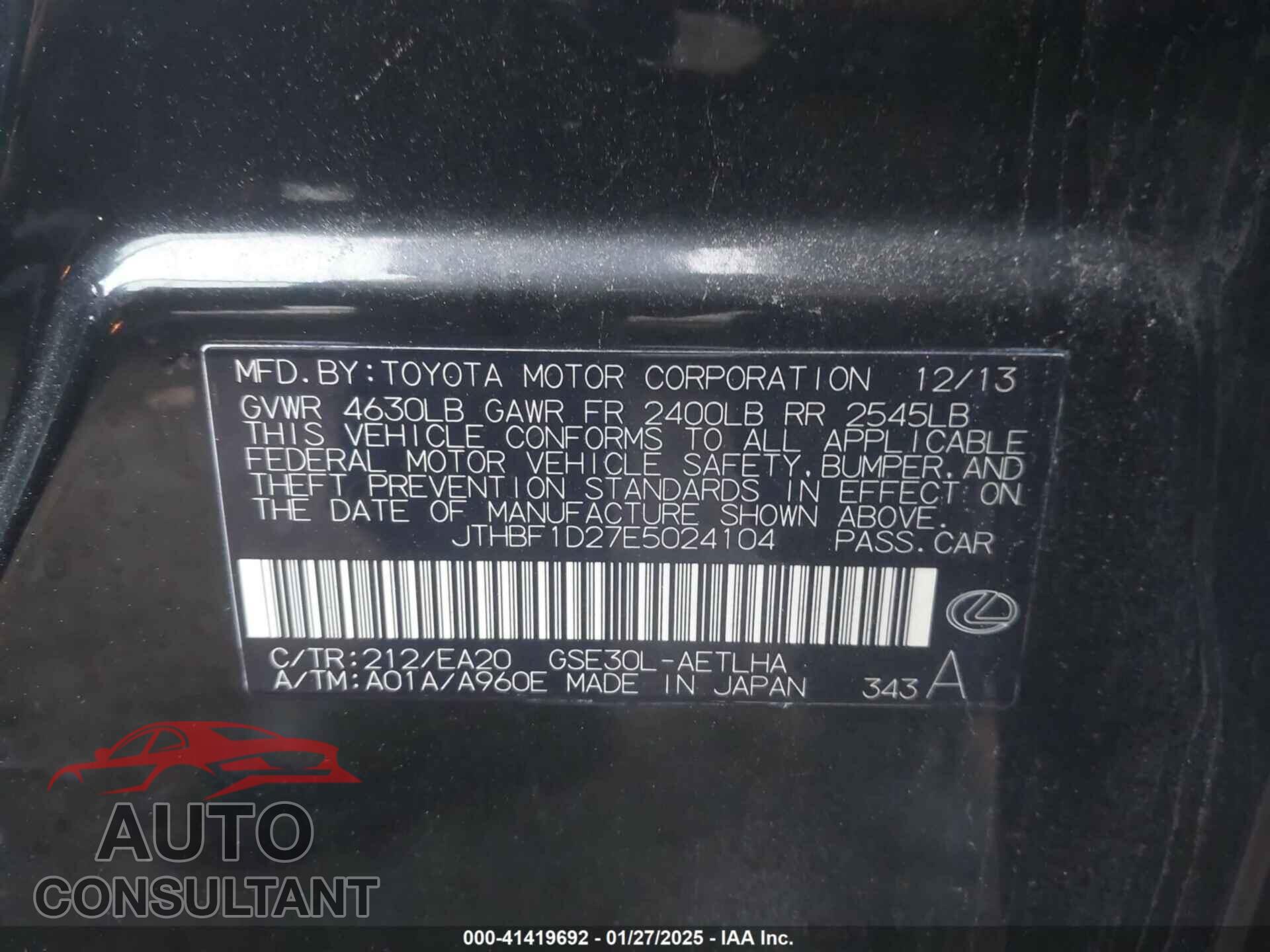 LEXUS IS 250 2014 - JTHBF1D27E5024104