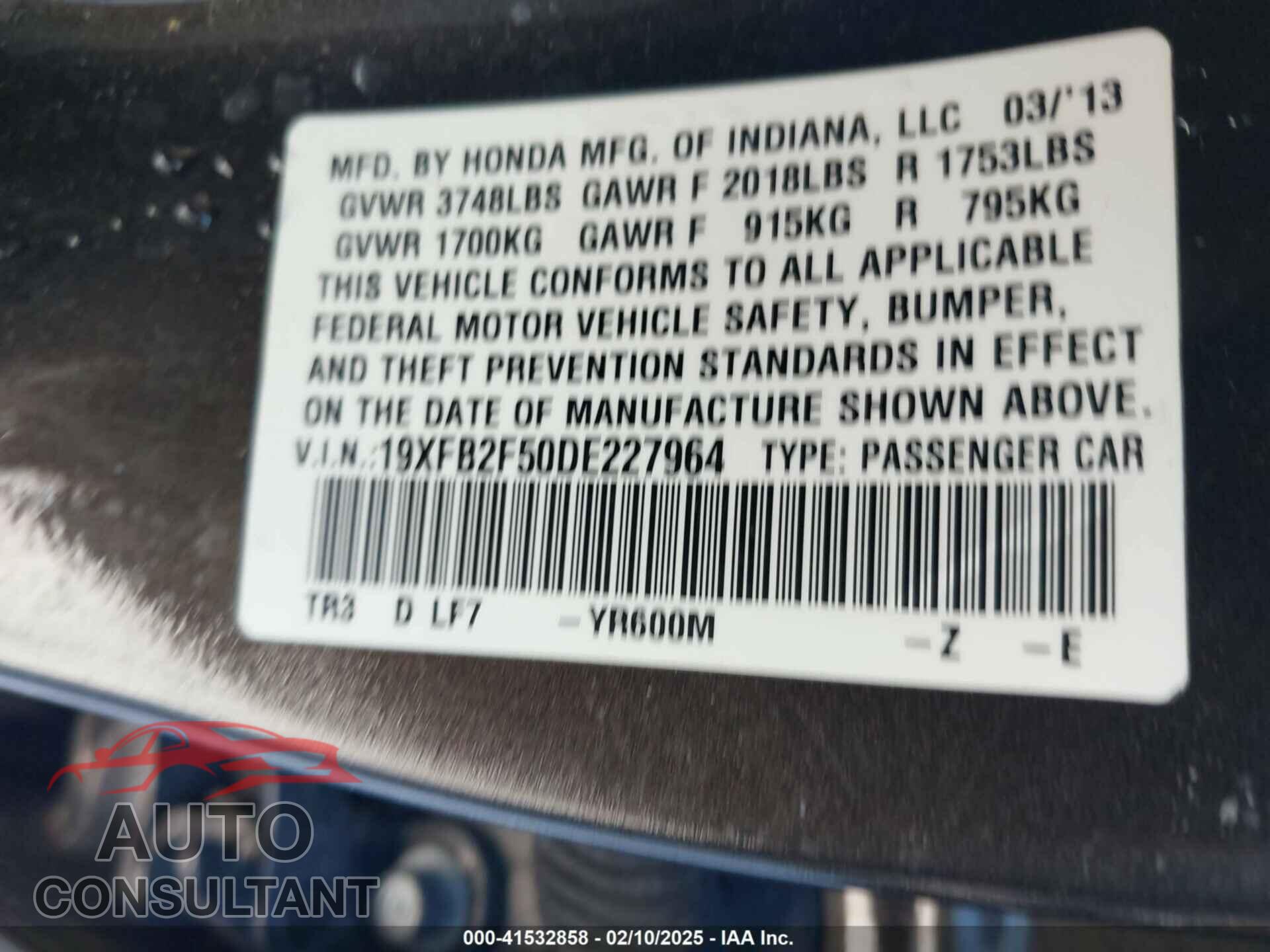 HONDA CIVIC 2013 - 19XFB2F50DE227964