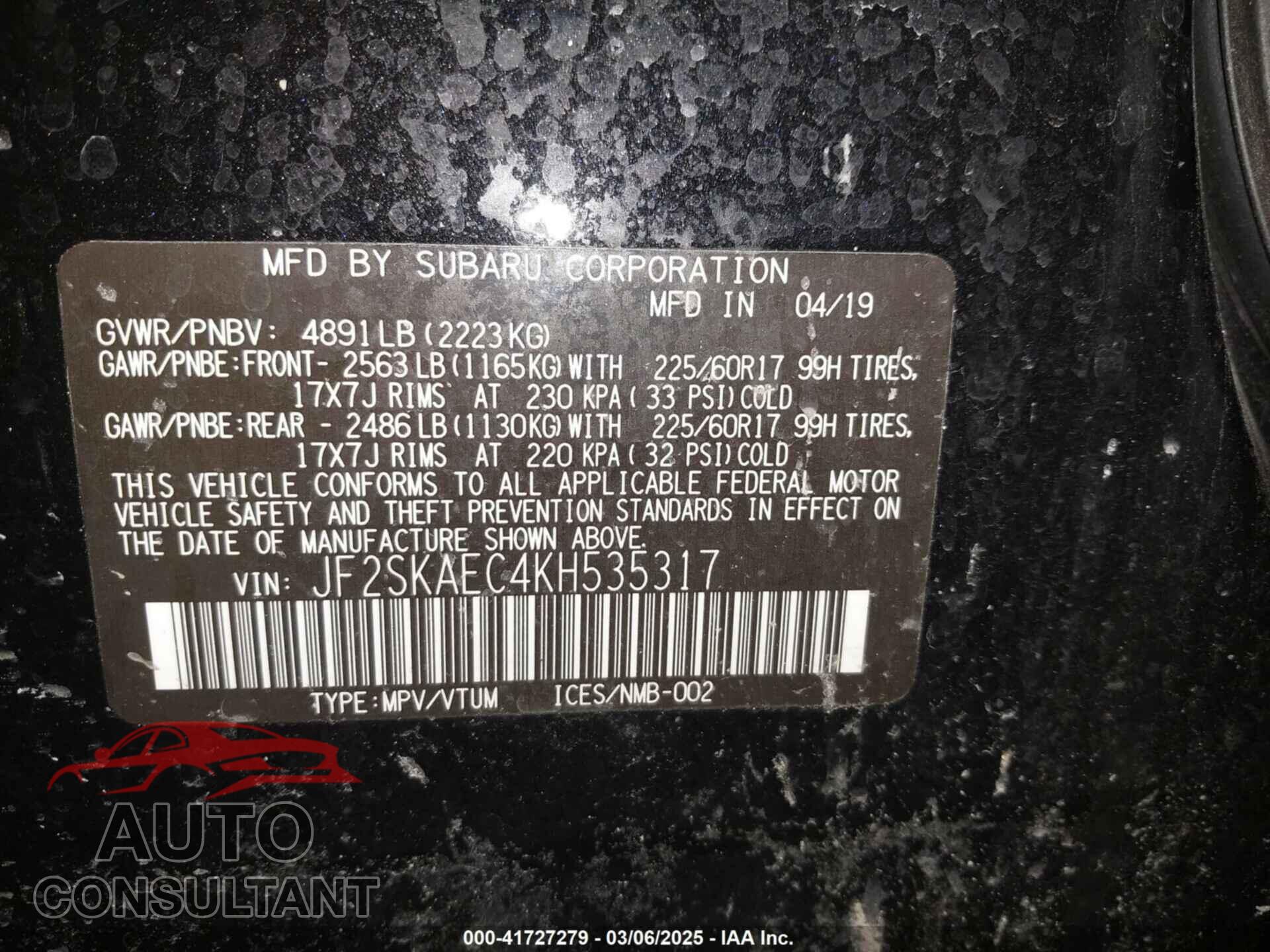SUBARU FORESTER 2019 - JF2SKAEC4KH535317