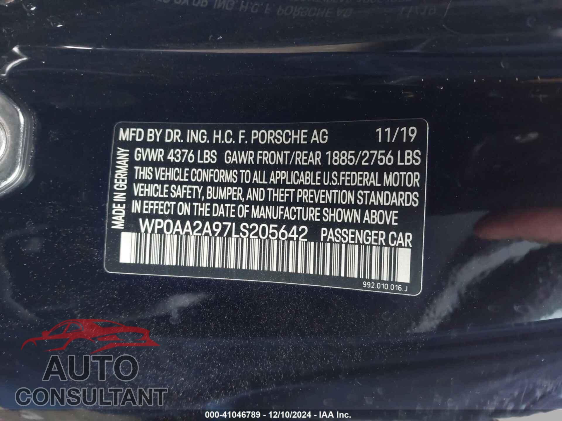 PORSCHE 911 2020 - WP0AA2A97LS205642