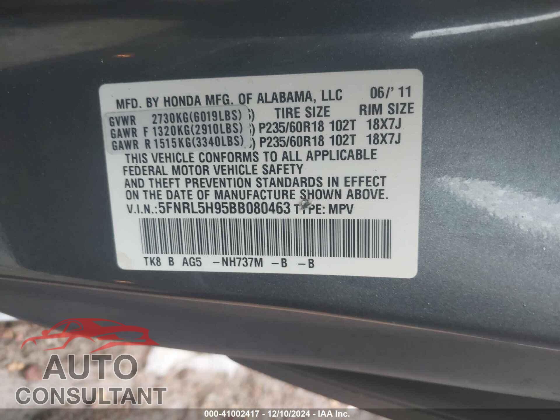 HONDA ODYSSEY 2011 - 5FNRL5H95BB080463