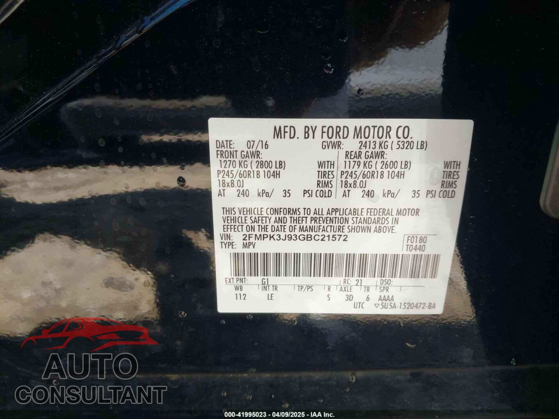 FORD EDGE 2016 - 2FMPK3J93GBC21572
