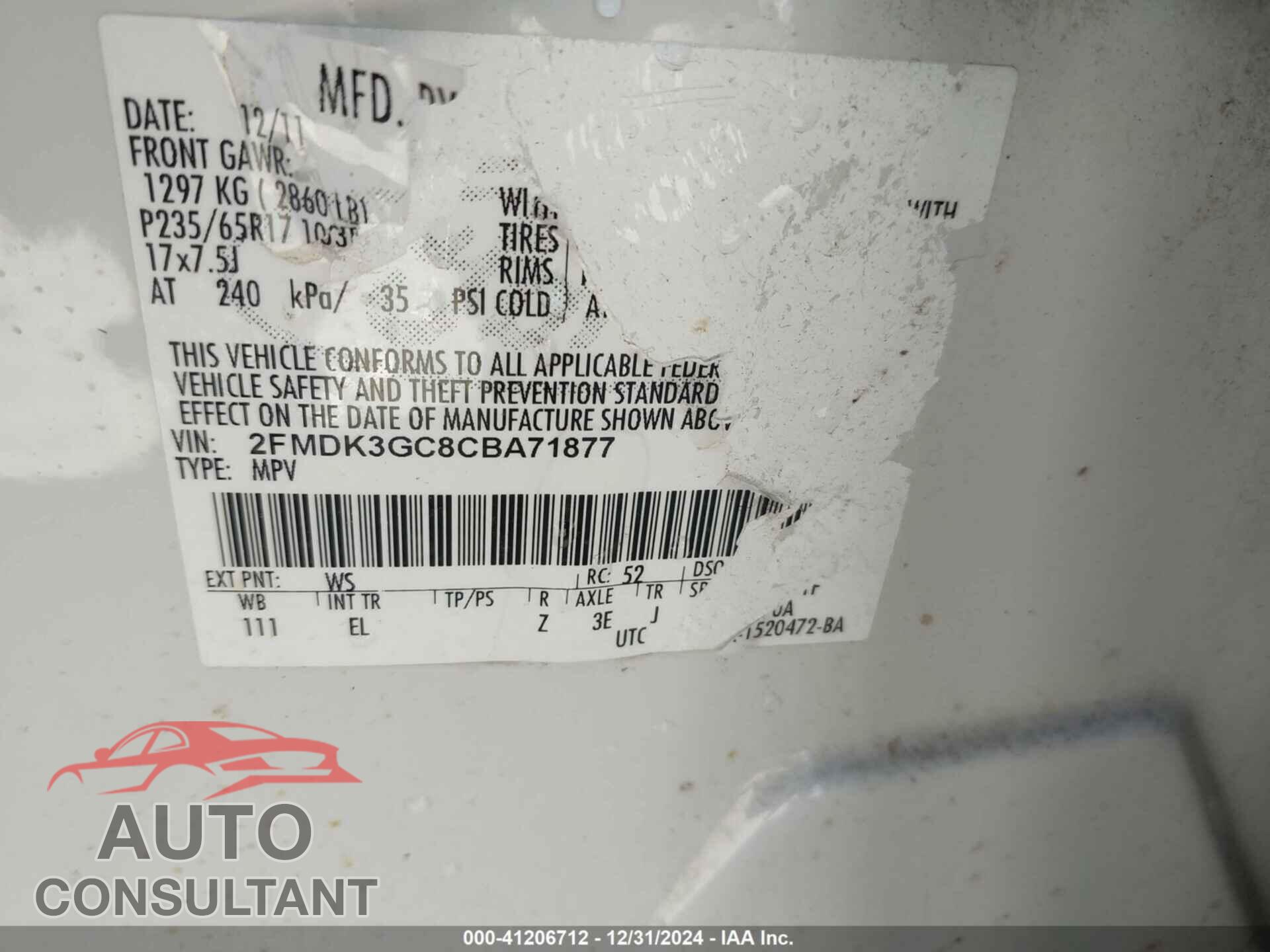 FORD EDGE 2012 - 2FMDK3GC8CBA71877