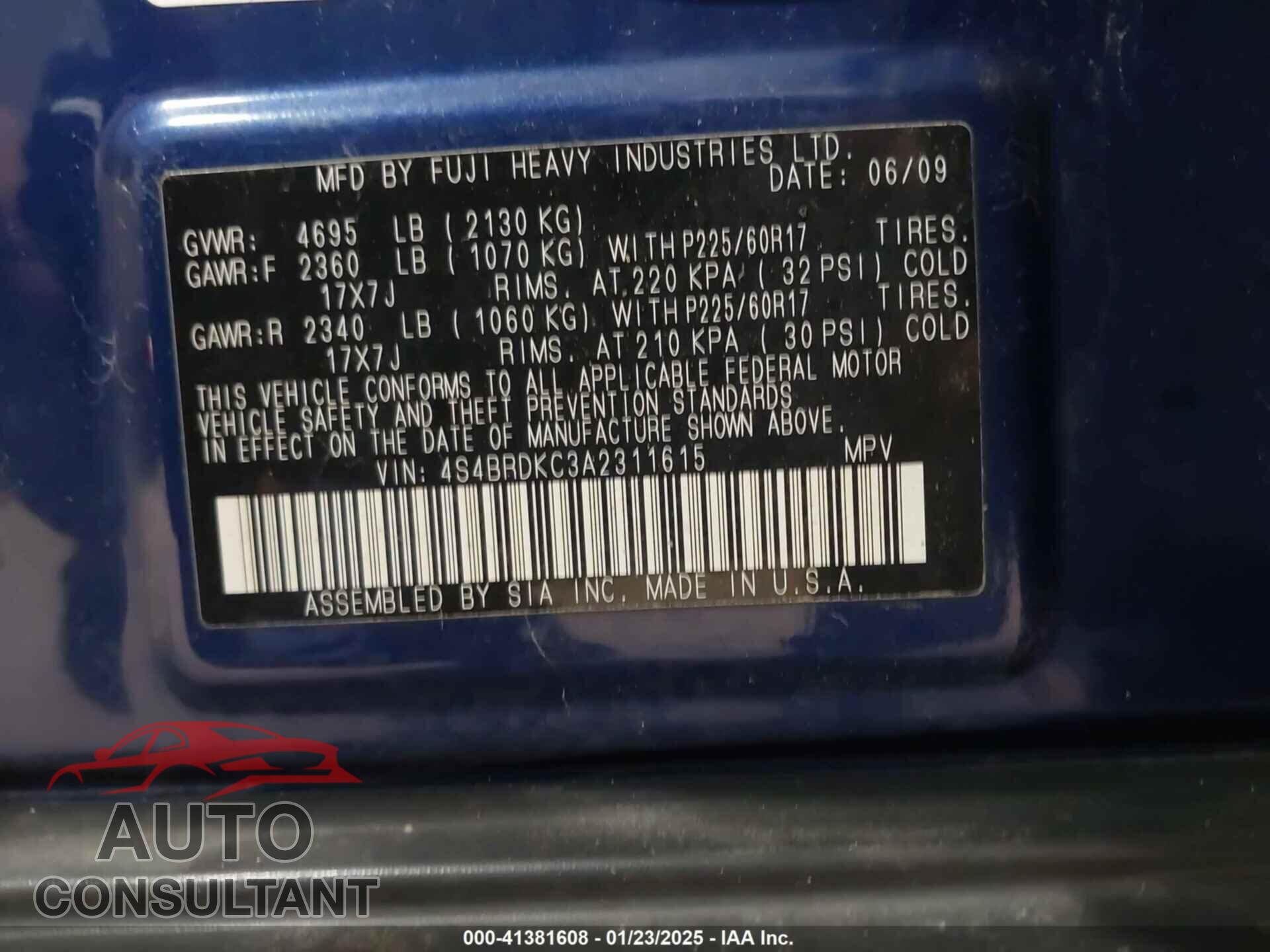 SUBARU OUTBACK 2010 - 4S4BRDKC3A2311615