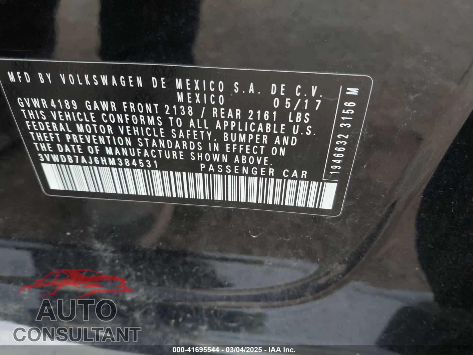 VOLKSWAGEN JETTA 2017 - 3VWDB7AJ6HM384531