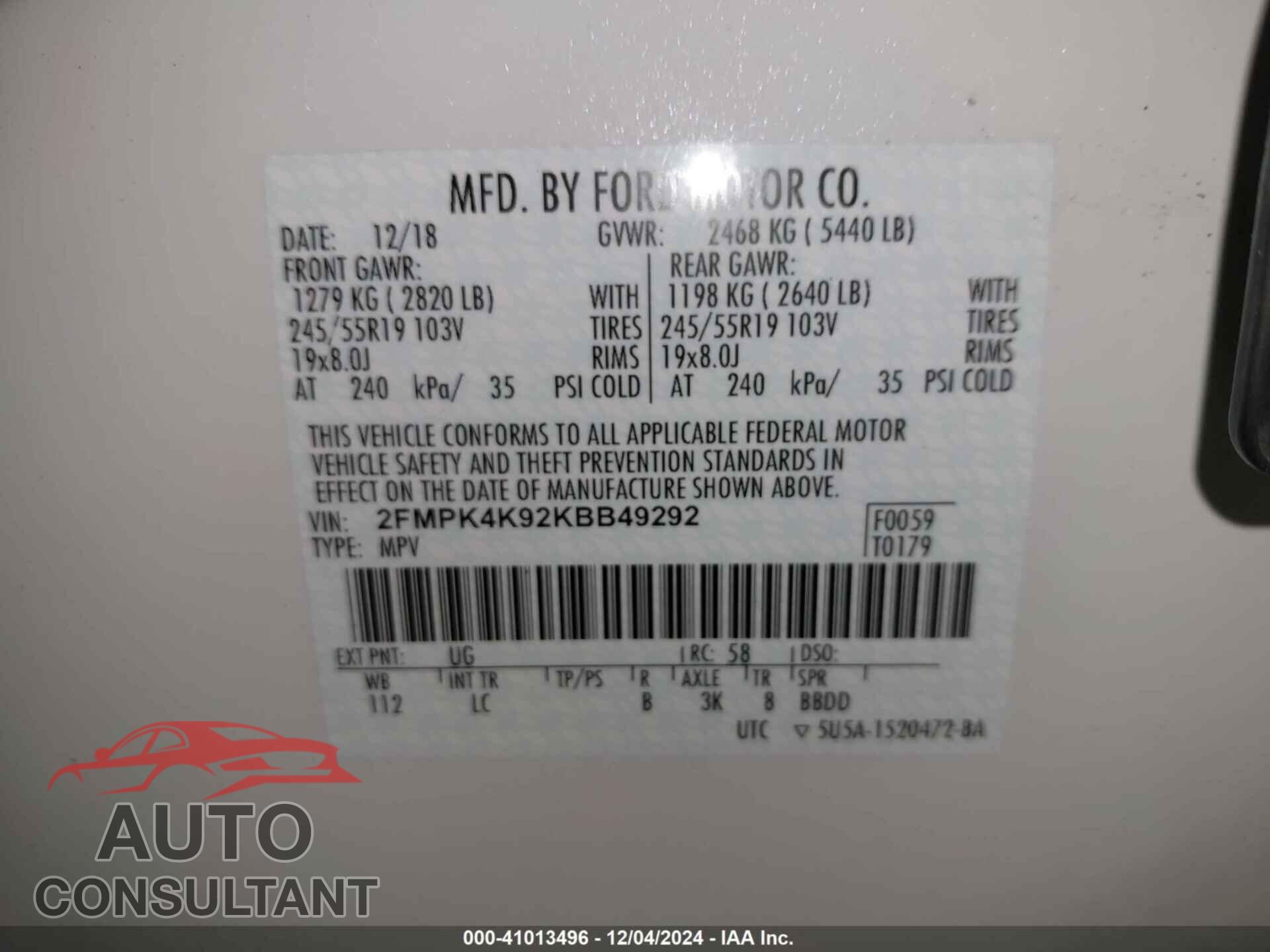 FORD EDGE 2019 - 2FMPK4K92KBB49292