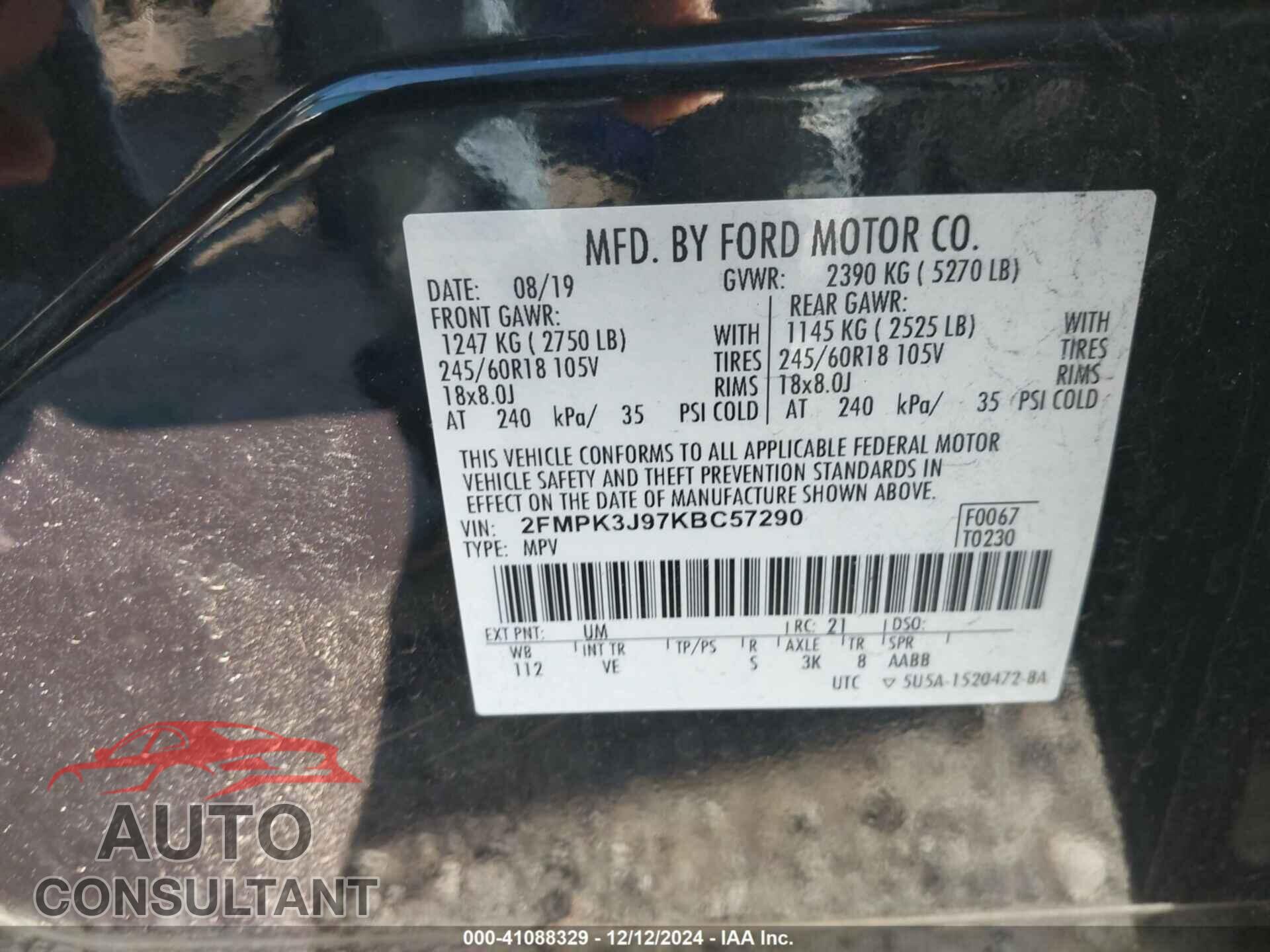 FORD EDGE 2019 - 2FMPK3J97KBC57290
