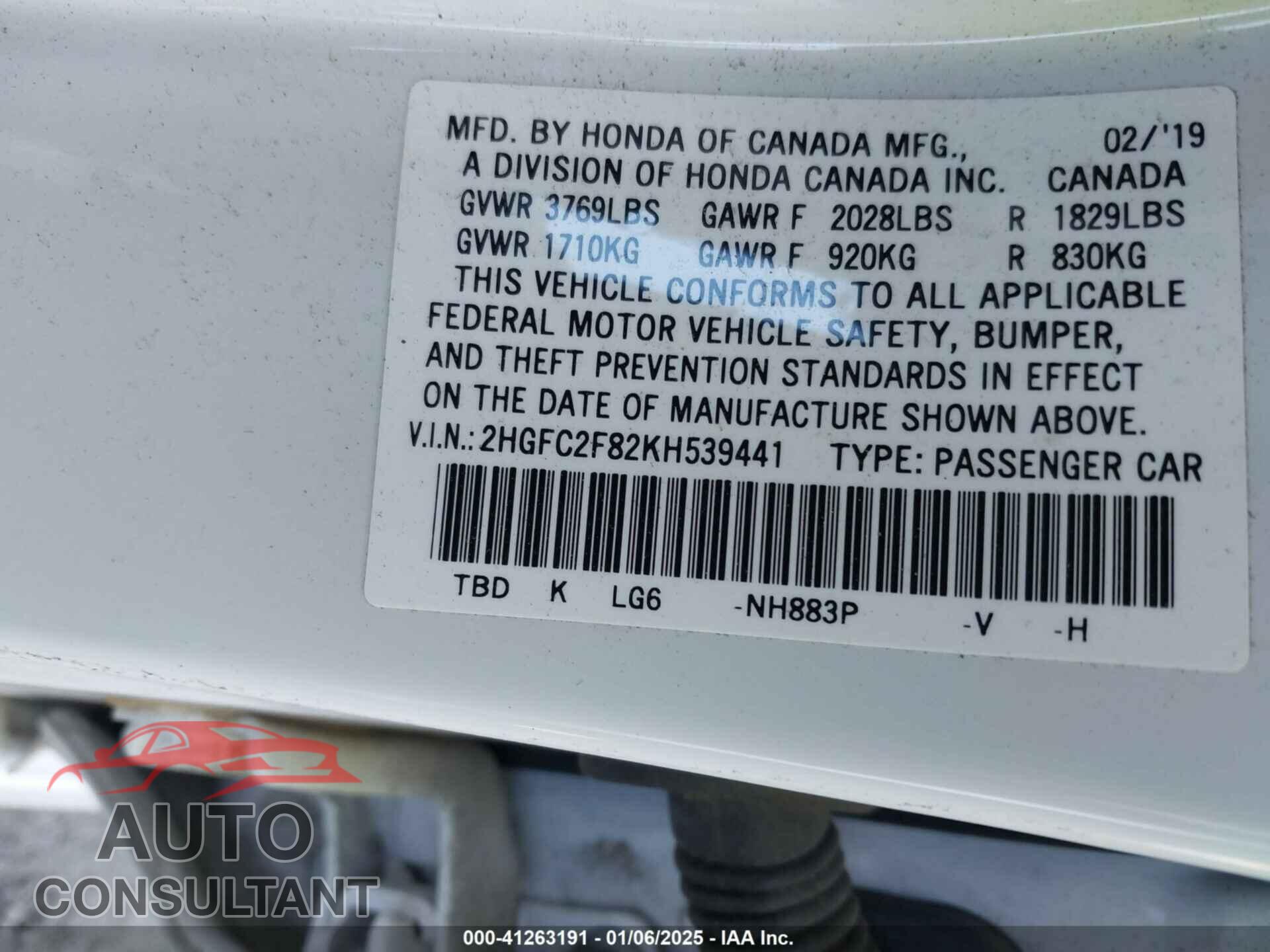 HONDA CIVIC 2019 - 2HGFC2F82KH539441