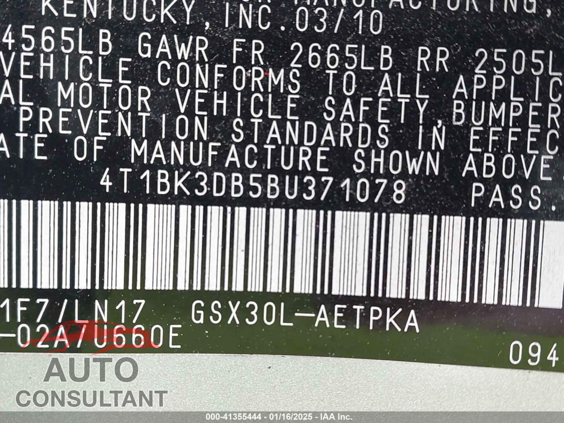 TOYOTA AVALON 2011 - 4T1BK3DB5BU371078