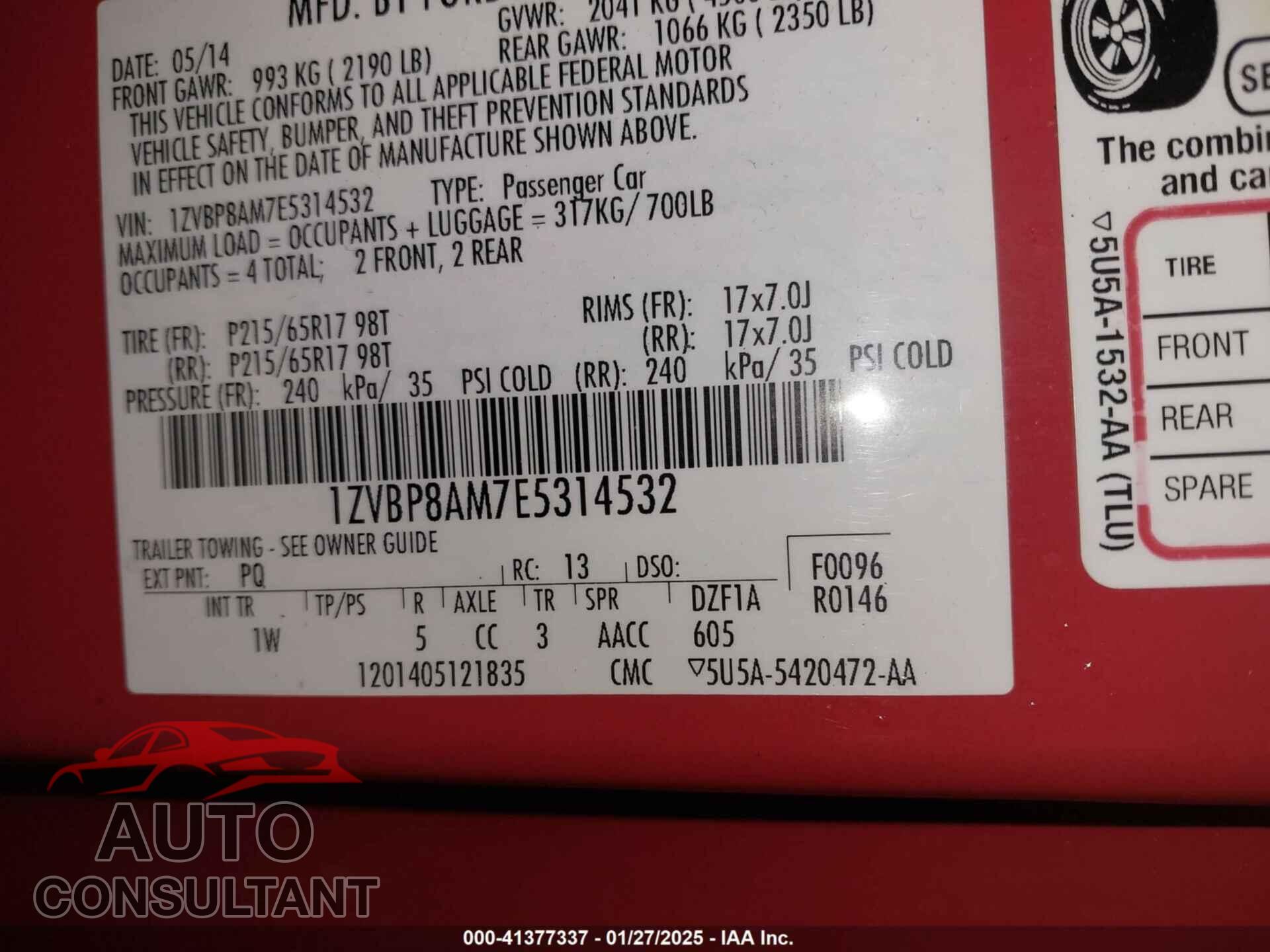 FORD MUSTANG 2014 - 1ZVBP8AM7E5314532