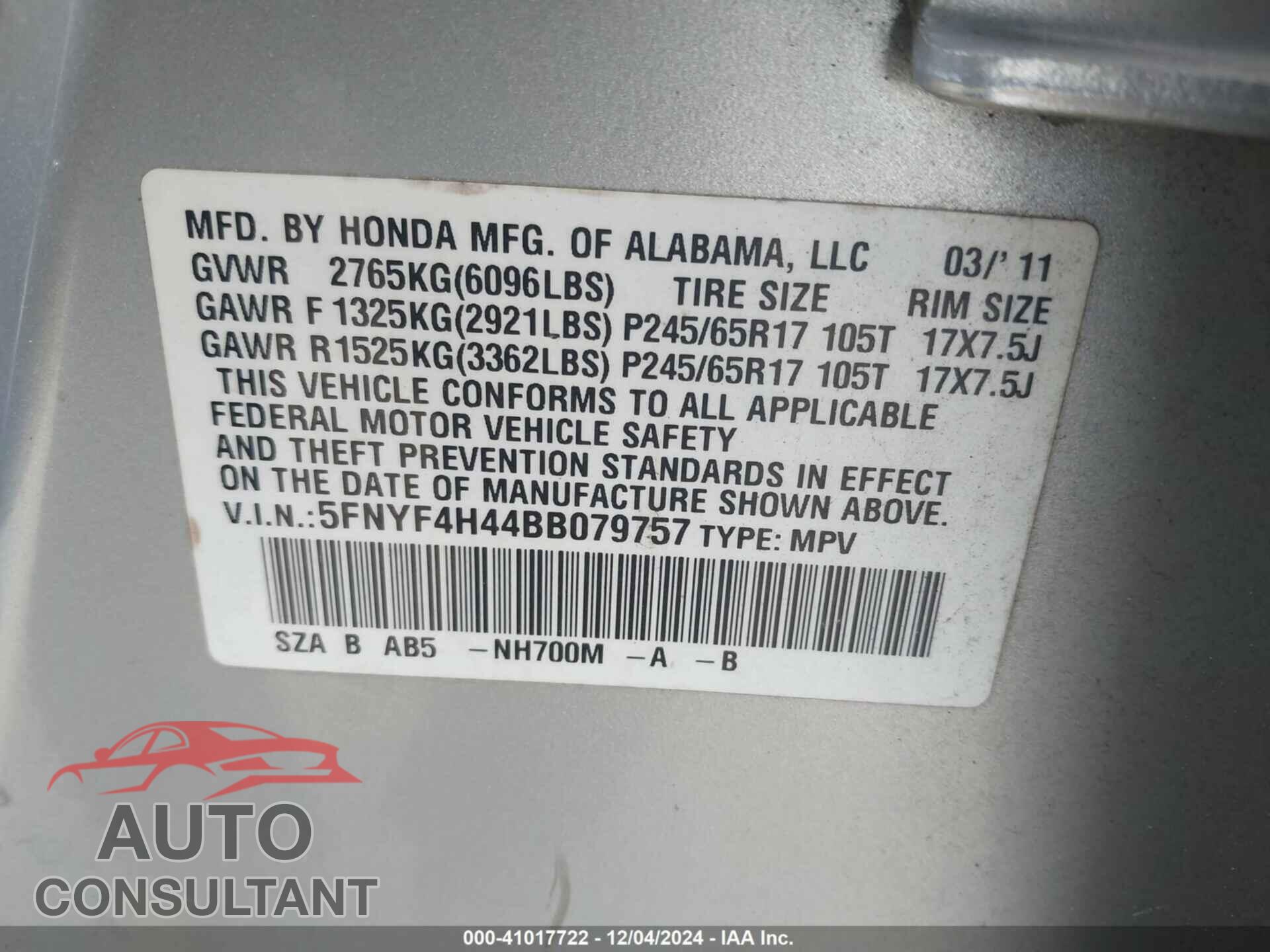 HONDA PILOT 2011 - 5FNYF4H44BB079757