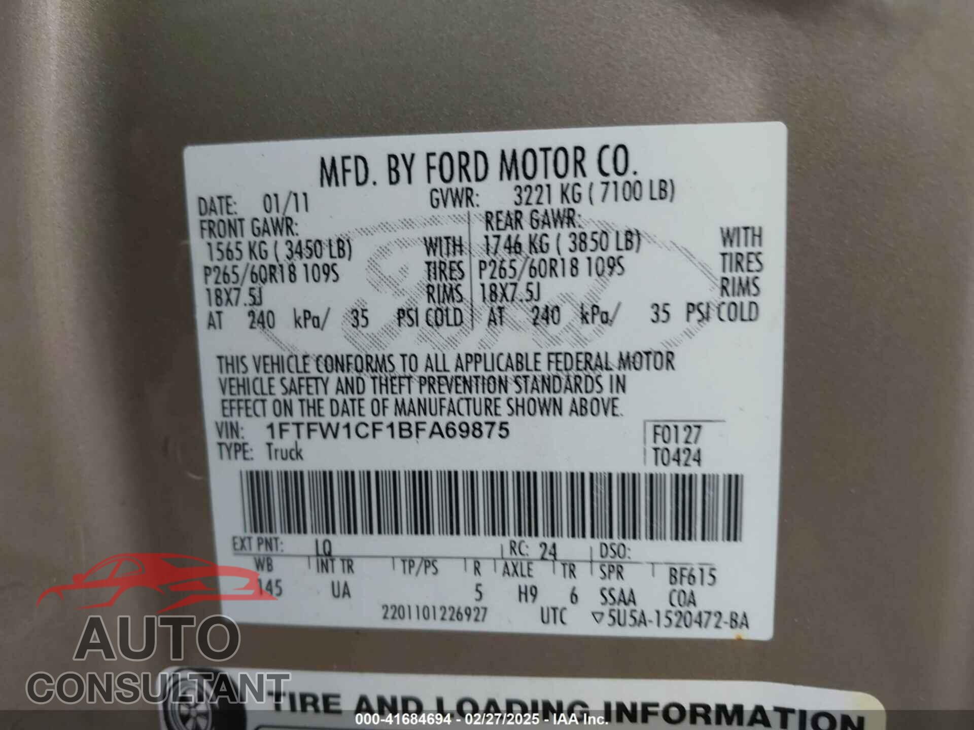 FORD F-150 2011 - 1FTFW1CF1BFA69875