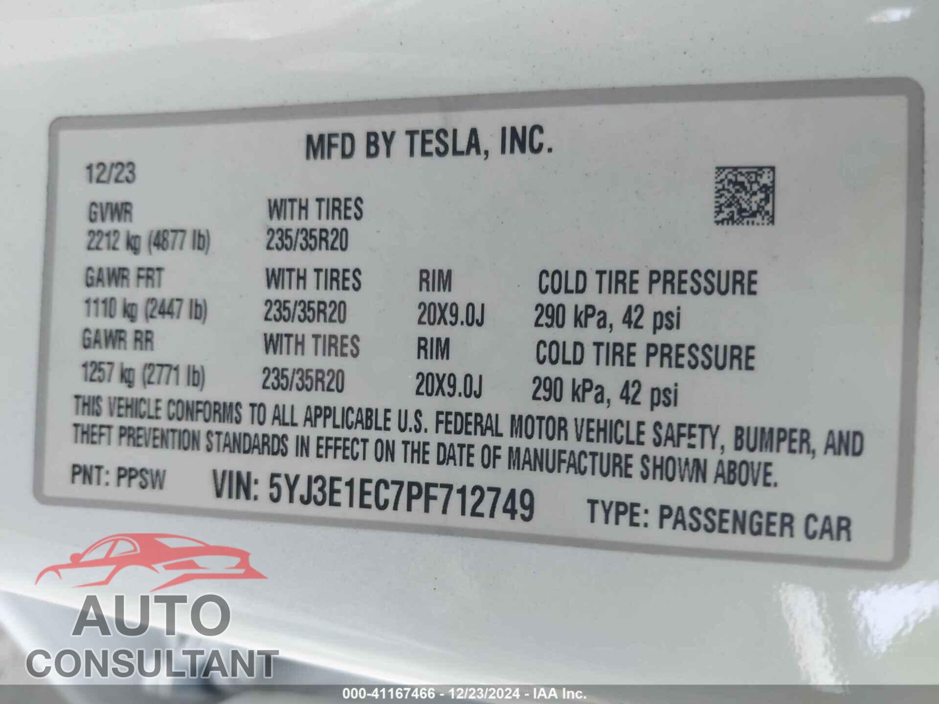 TESLA MODEL 3 2023 - 5YJ3E1EC7PF712749