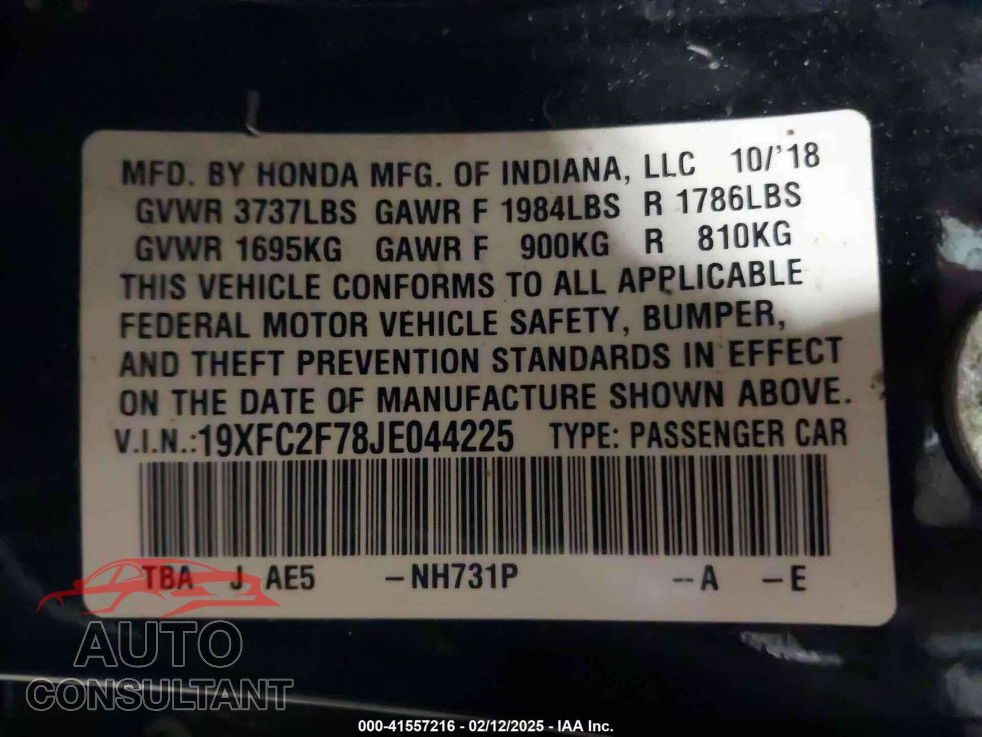 HONDA CIVIC 2018 - 19XFC2F78JE044225
