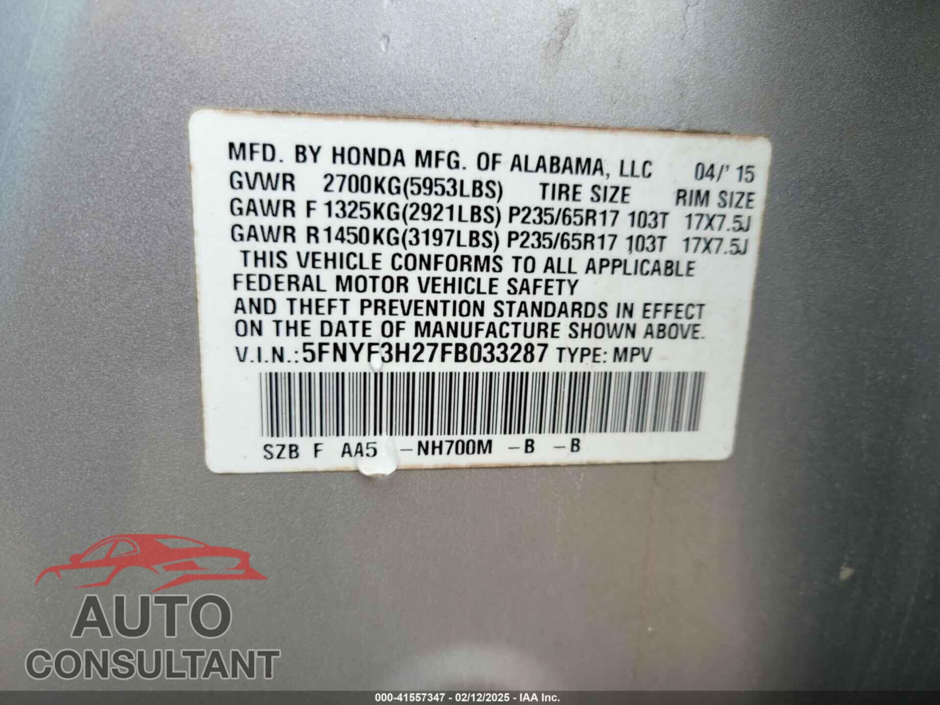 HONDA PILOT 2015 - 5FNYF3H27FB033287