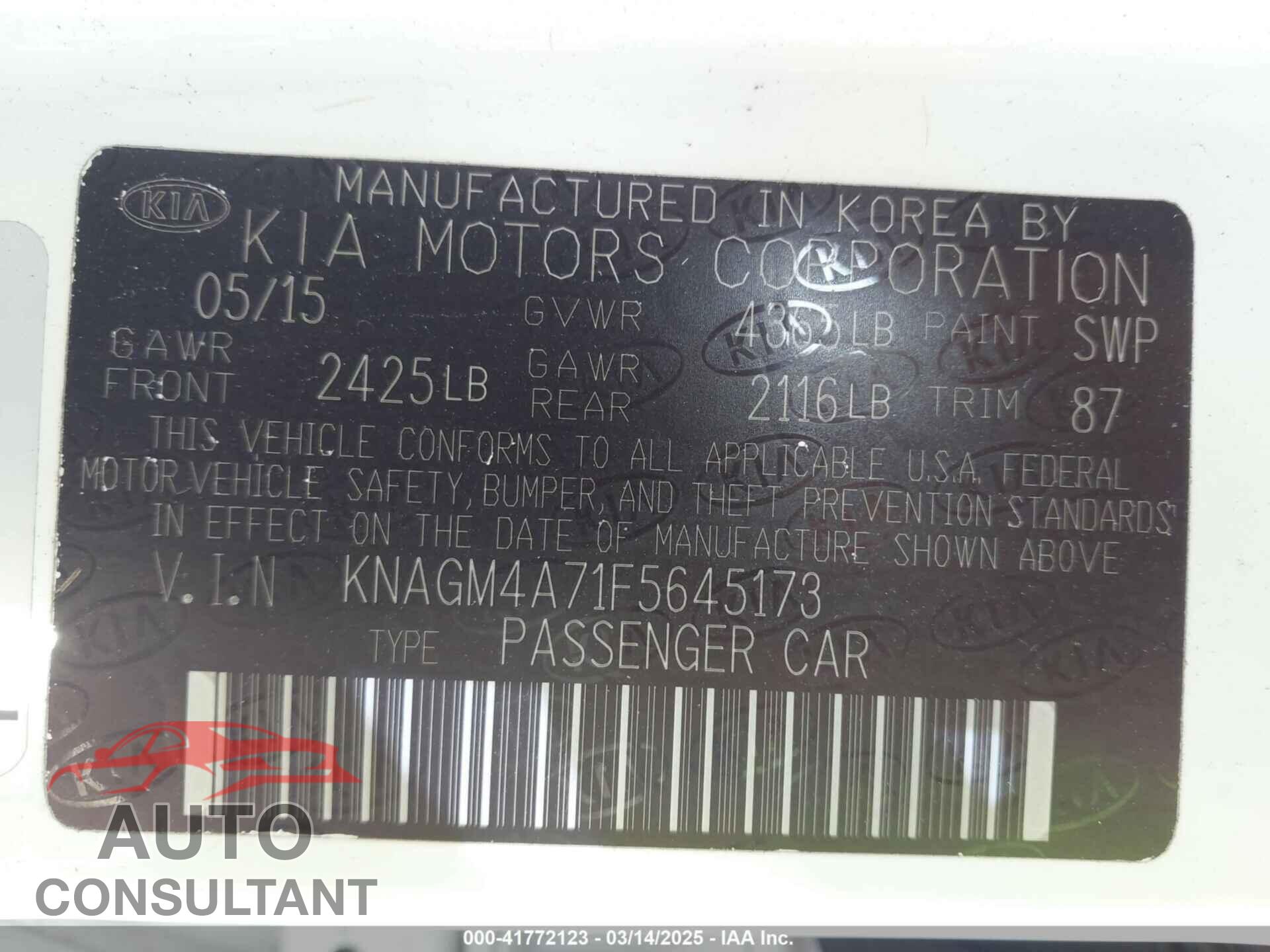 KIA OPTIMA 2015 - KNAGM4A71F5645173