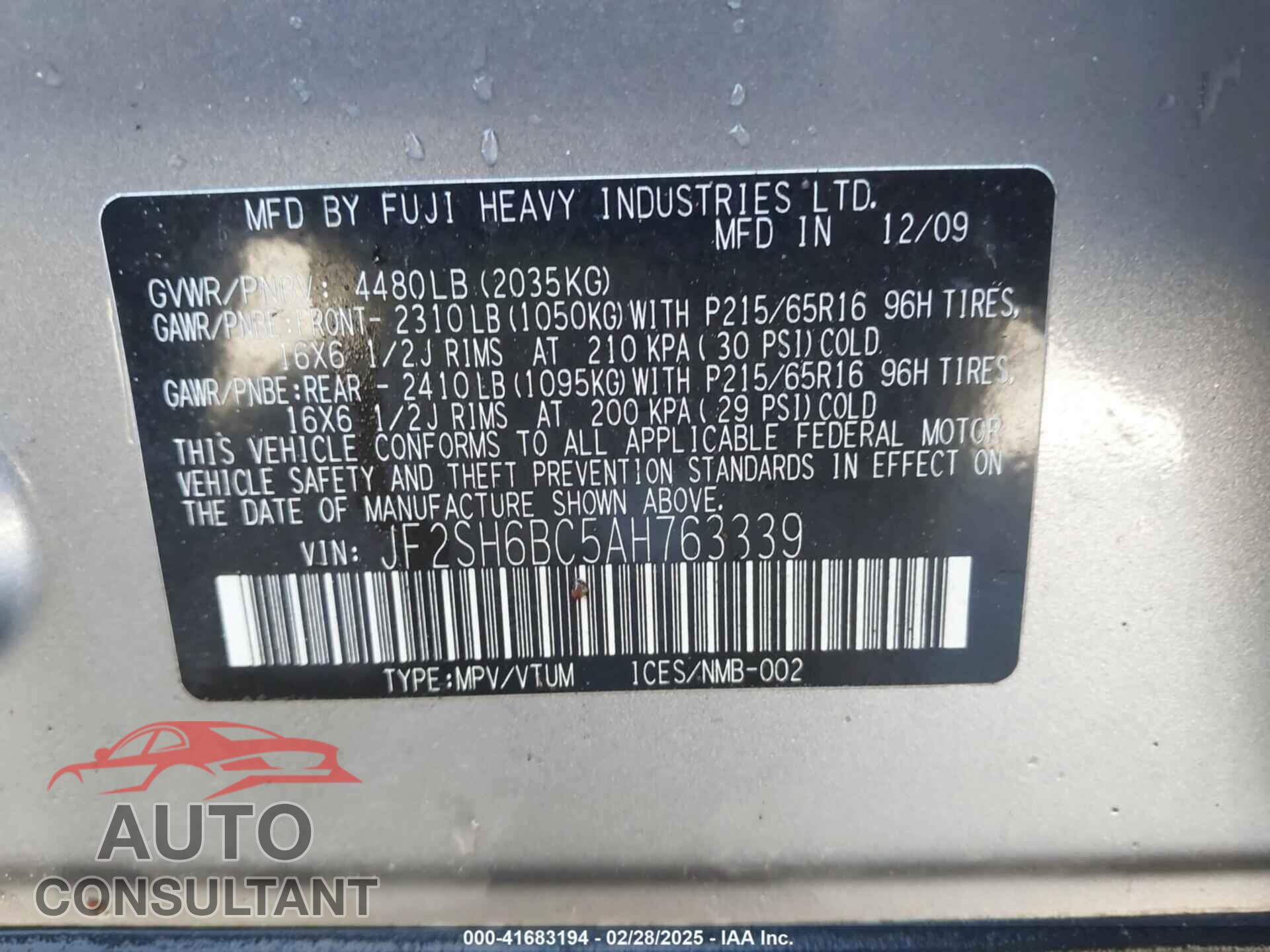SUBARU FORESTER 2010 - JF2SH6BC5AH763339