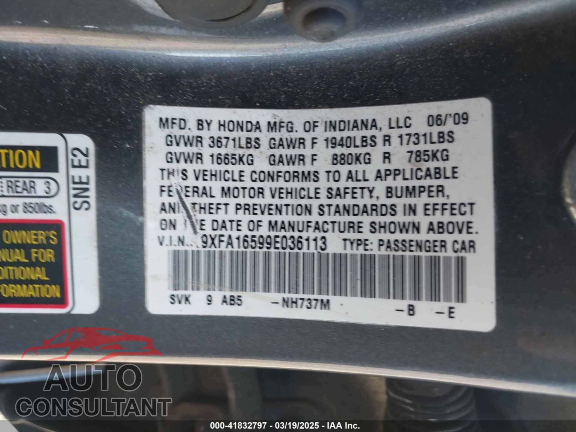 HONDA CIVIC 2009 - 19XFA16599E036113