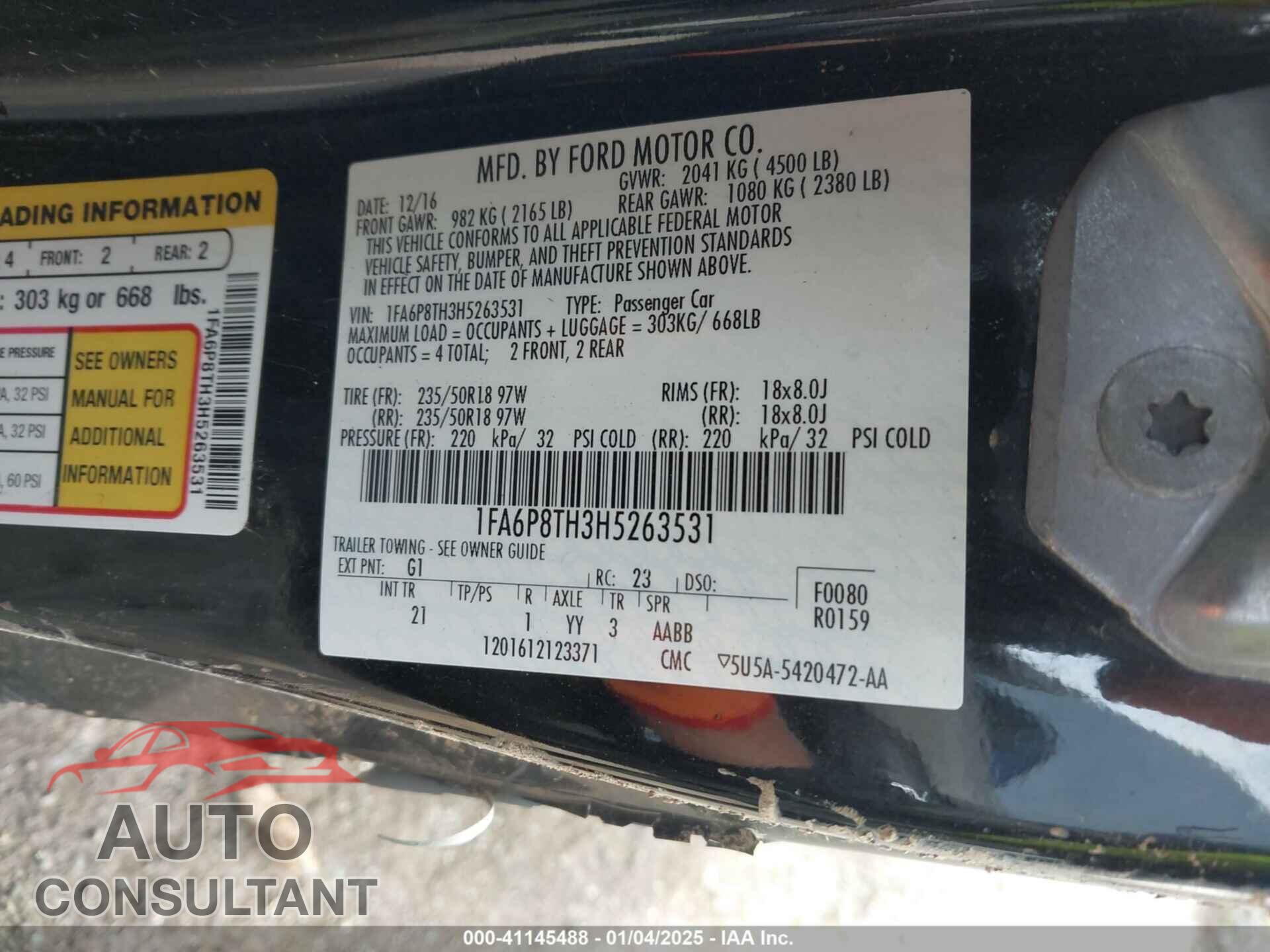 FORD MUSTANG 2017 - 1FA6P8TH3H5263531
