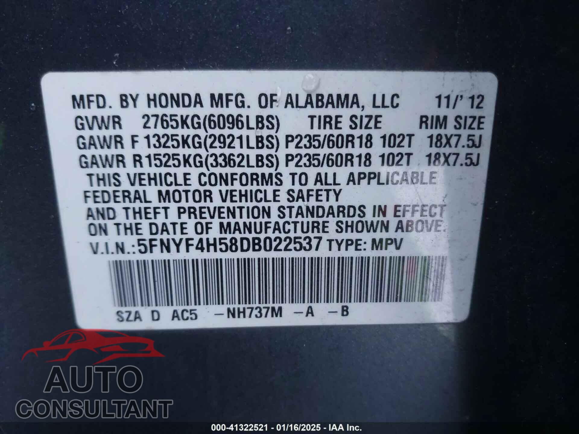 HONDA PILOT 2013 - 5FNYF4H58DB022537
